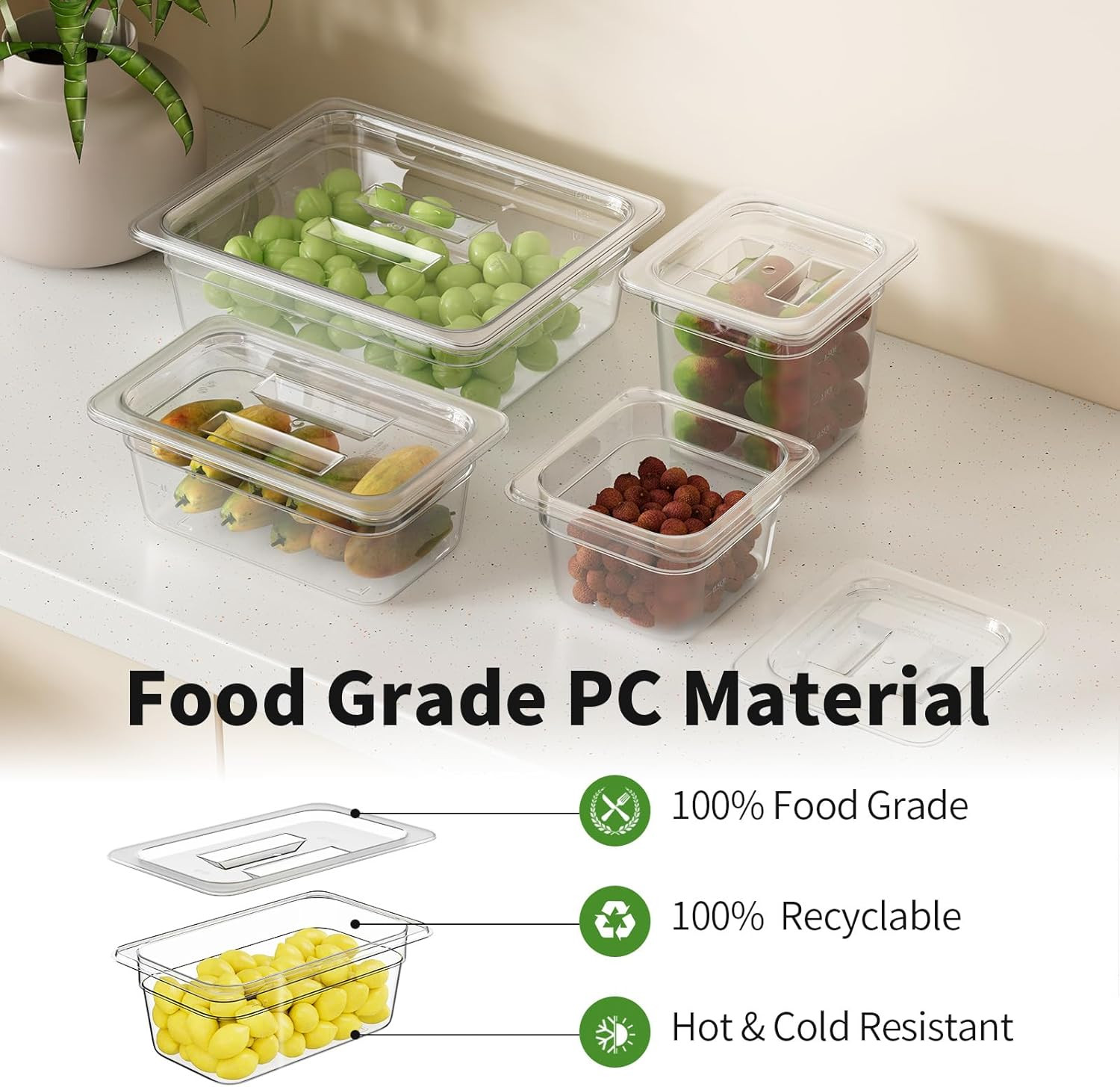 1/4 4” 6 Pack Plastic Food Pans With Lids, Clear Food Pan, Commercial Stackable
