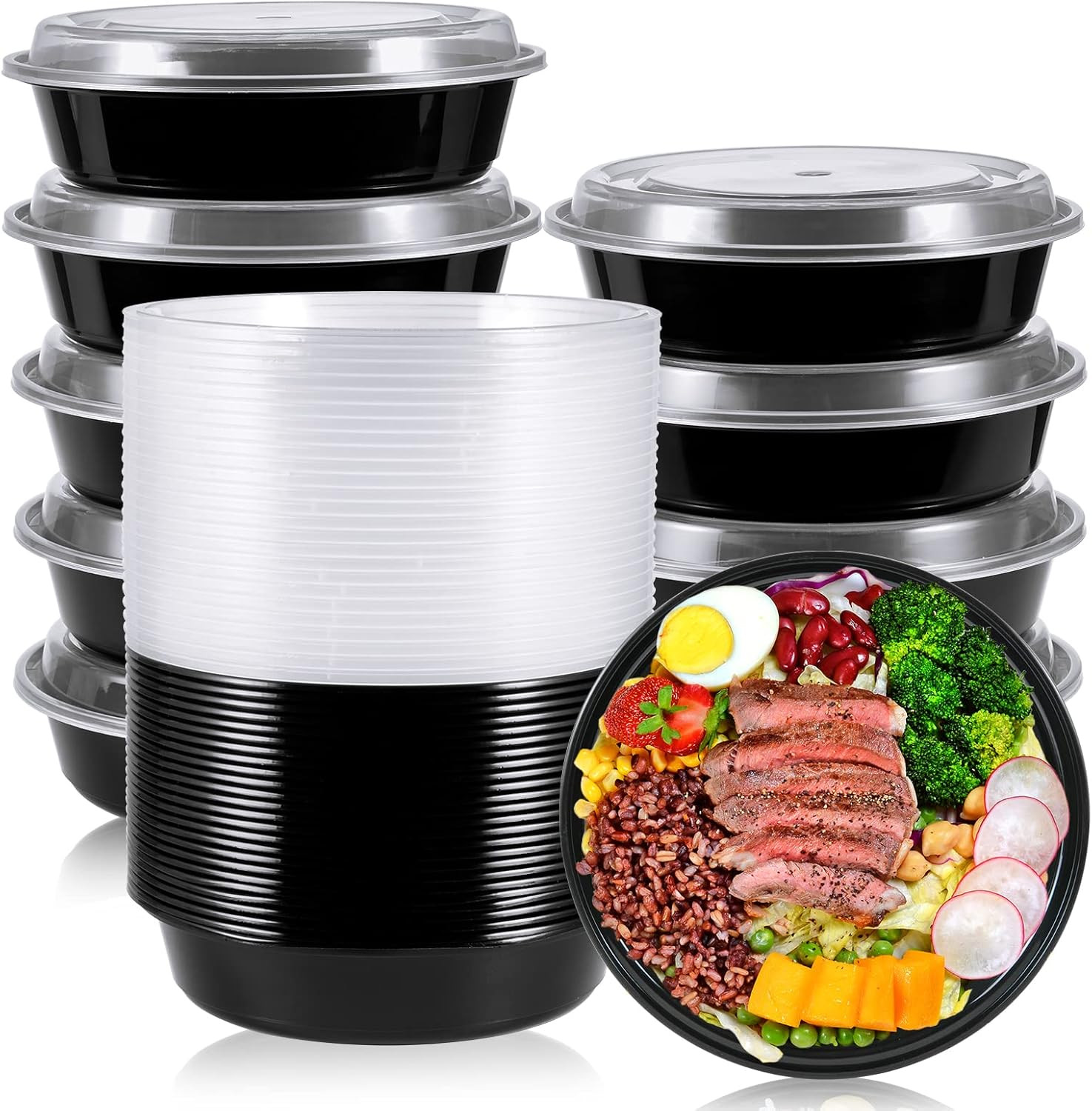 50 Pack Meal Prep Container, 24 Oz round Plastic Disposable Bowls with Lids, Foo