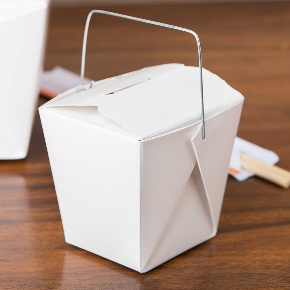 White Chinese Asian Paper Take Out Box with Wire Handle, Leak and Grease Resista