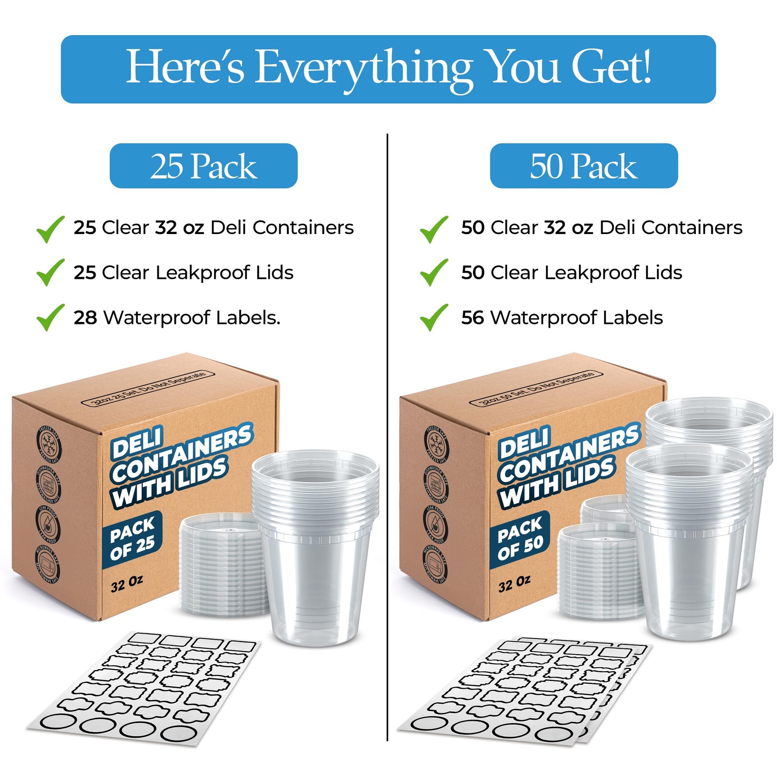 [50 Sets] 32 oz Deli Containers with Lids & Two (2) Label Sheets – Leakproof …