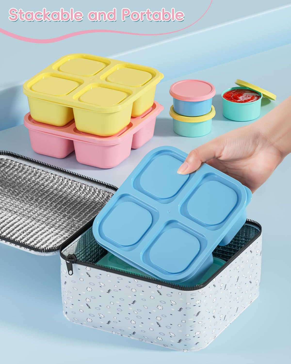 4 Pcs Snack Box Containers Set, Reusable 4 Compartment Lunchable Container with