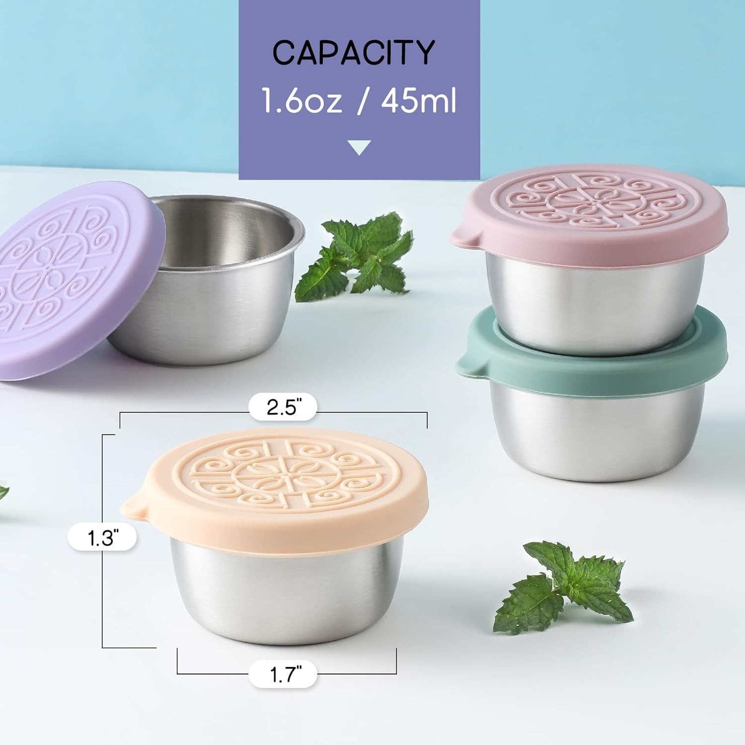 6-Pack Small Sauce Cups: 1.6 oz Reusable Stainless Steel with Silicone Lids