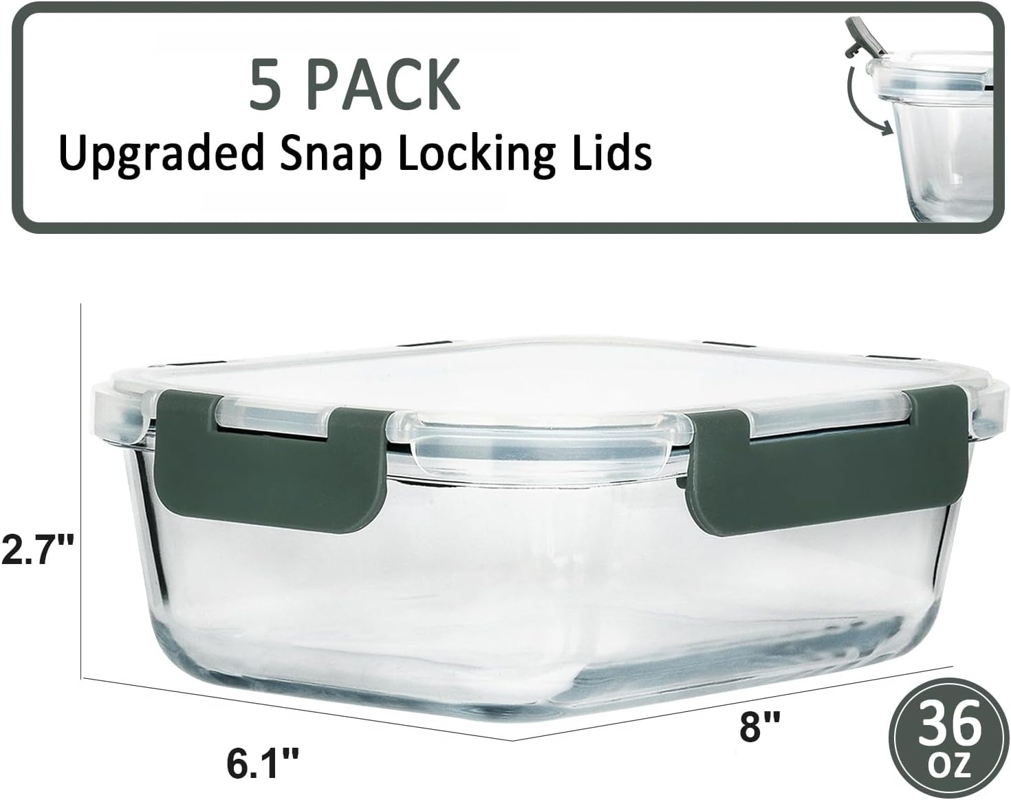 [5-Packs, 36 Oz Glass Meal Prep Containers with Snap Locking Lids Glass Food Con