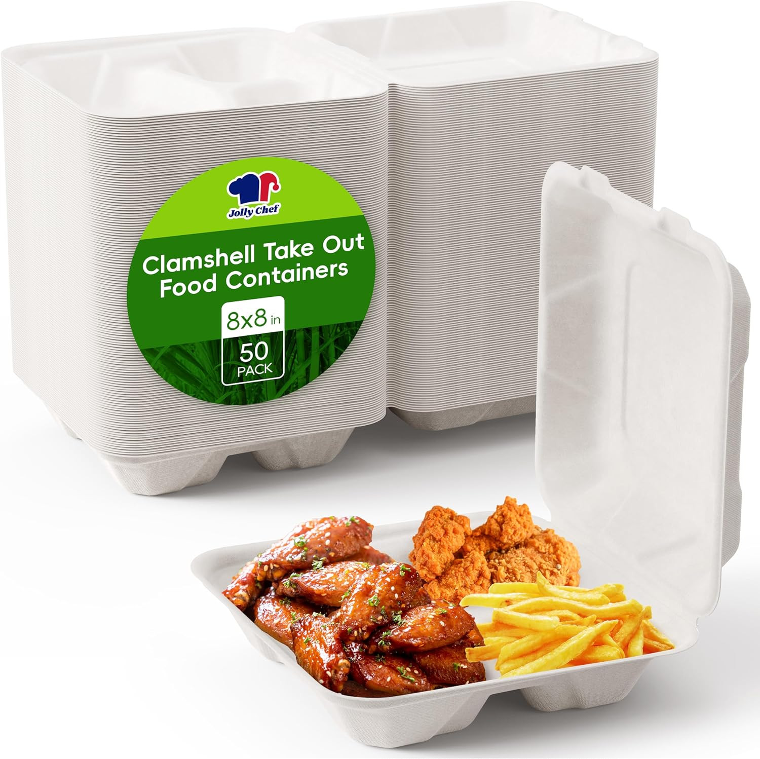 50-PK Clamshell Take Out Food Containers – 3-Compartment To Go Lunch Box 8x8x2.5