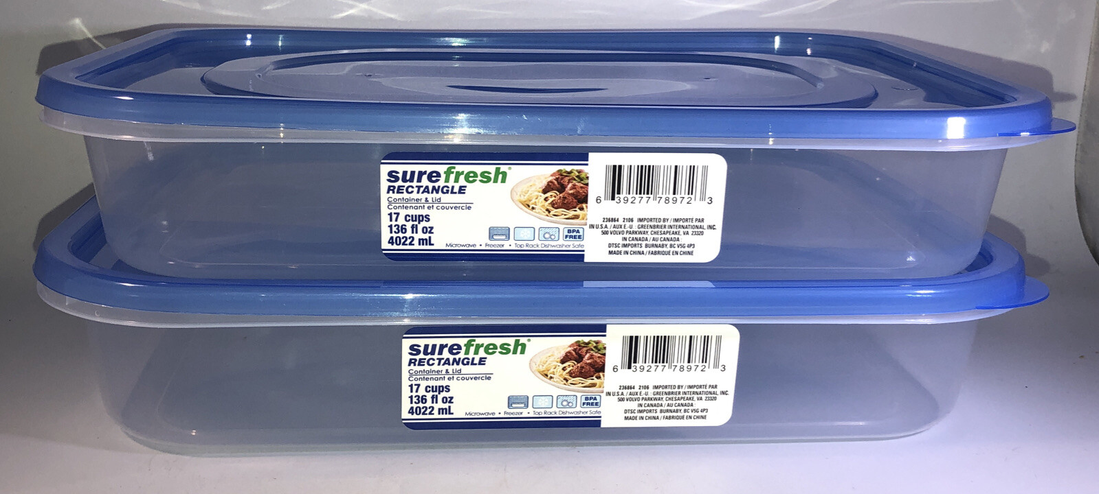 2ea 17 Cups/136 oz ea Sure Fresh Dry/Cold/Freezer Food Storage Containers W Lids
