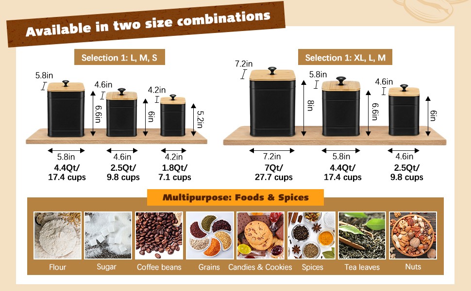 Kitchen Canisters for Countertop Set of 3 Metal Canisters Sets with Bamboo Lids