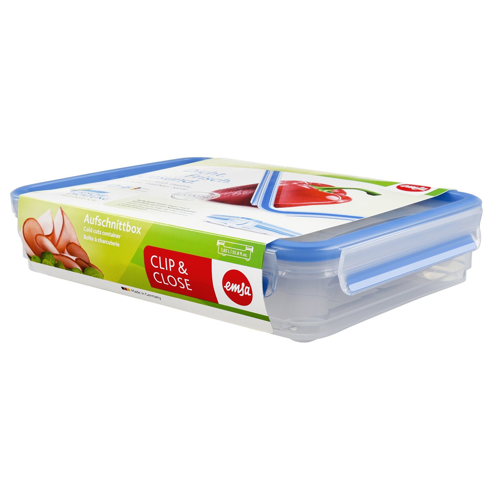 Emsa 509040 Clip & Close stacking box, 26.5 x 19.4 x 6 cm, 1.65 l, transparent/b
