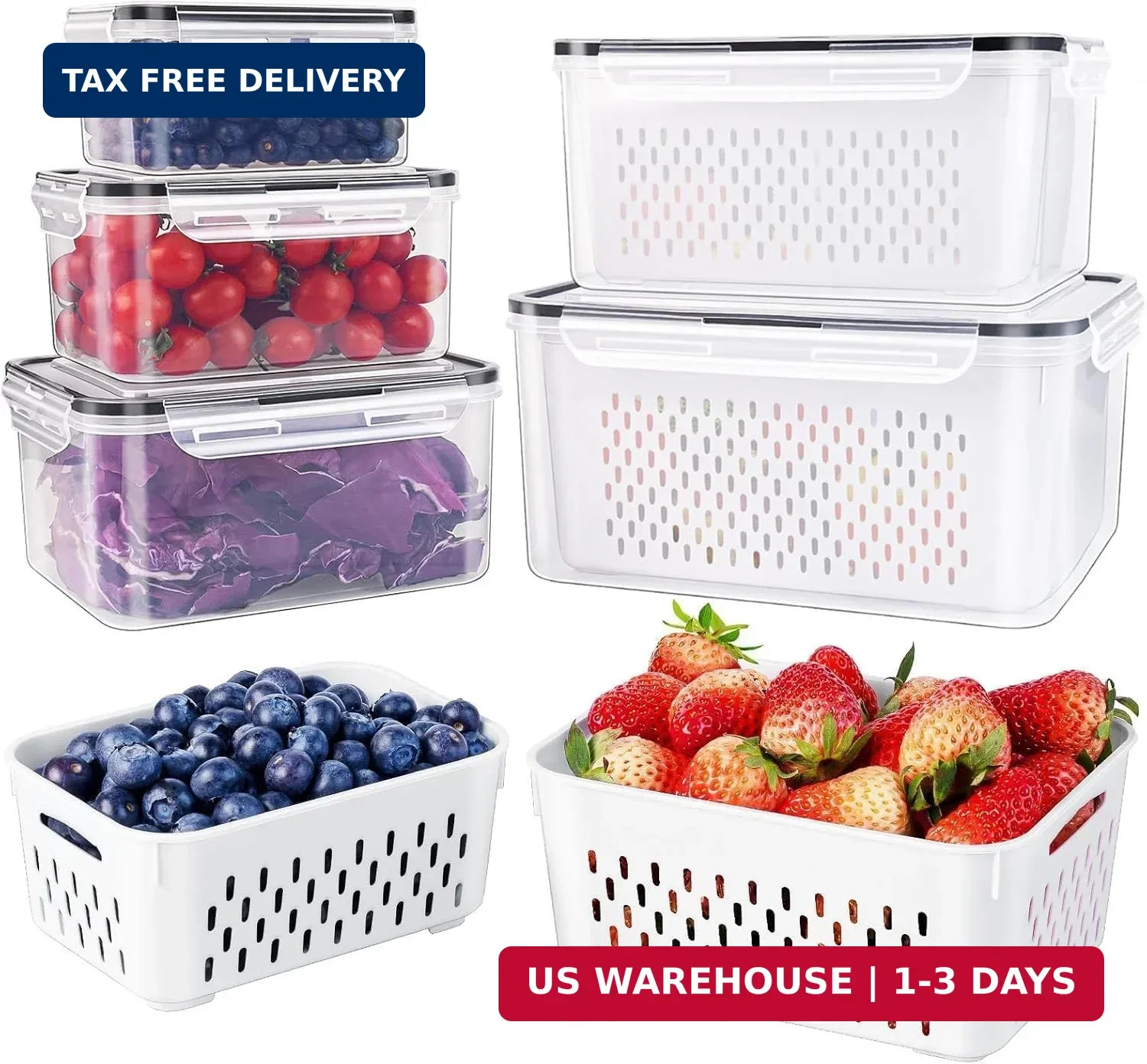 5PCS Fruit Storage Containers for Fridge w/Colander Leakproof Food Keepers