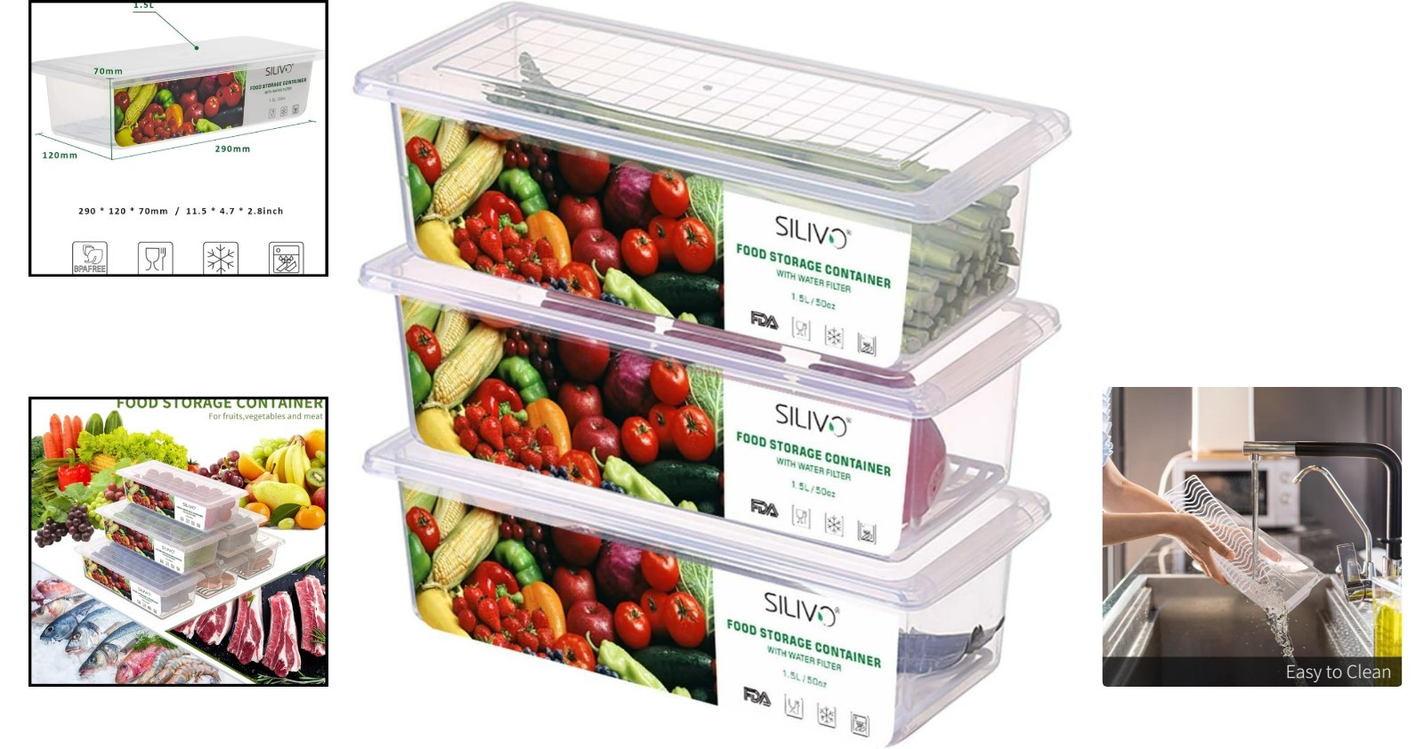 1.5L BPA-Free Fruit Storage Containers – 3 Pack with Drain Tray for Freshness