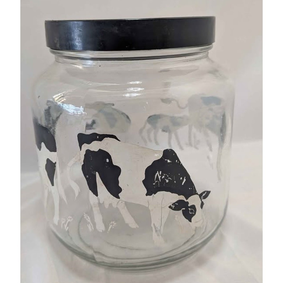 Vintage Anchor Hocking Cow Print Glass Cookie Jar Black Lid Kitchen Decor.