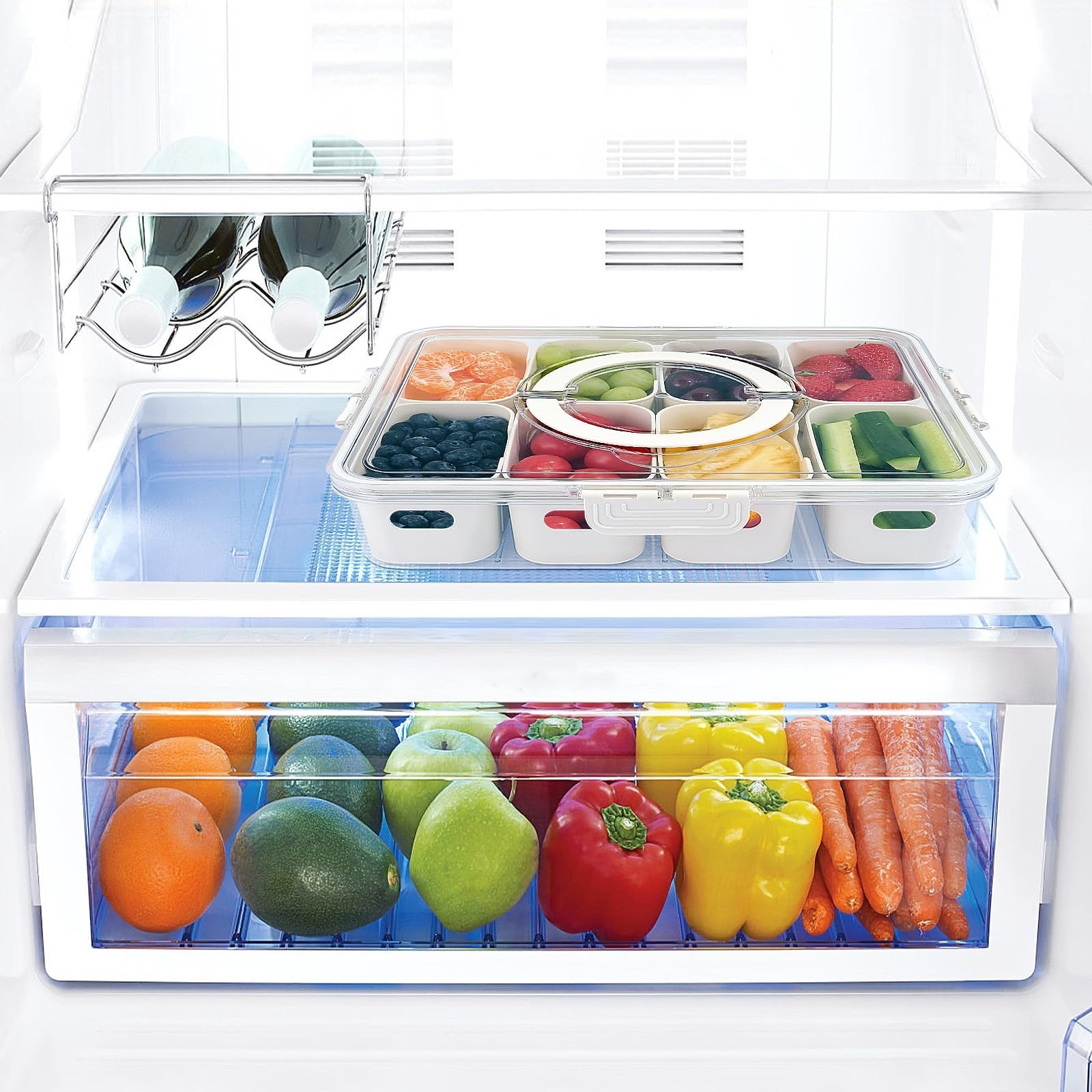 Portable Snack Box with Lid & Handle – 8 Compartment Serving Tray for Veggies, C