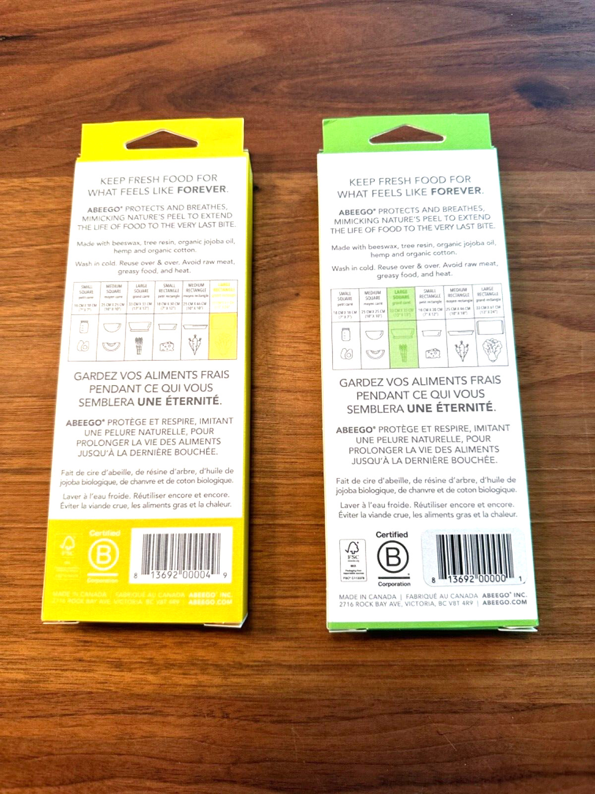 Bundle of 2 -ABEEGO-Reusable Beeswax Food Wrap,NEW, 1 Large Sq. +1 Large Rect.