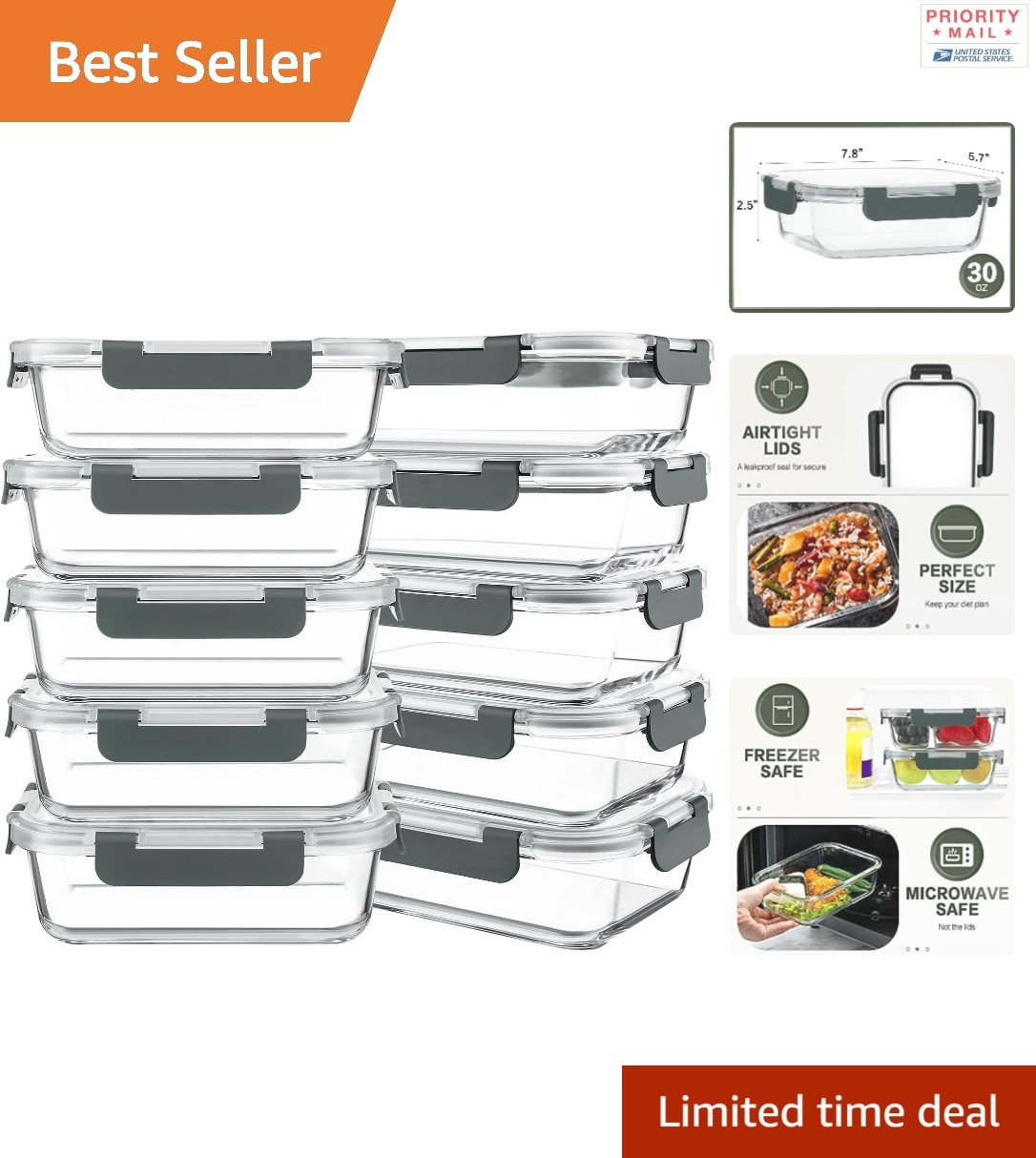 10 Pack Glass Meal Prep Containers 850 ml Airtight Storage Boxes Gray