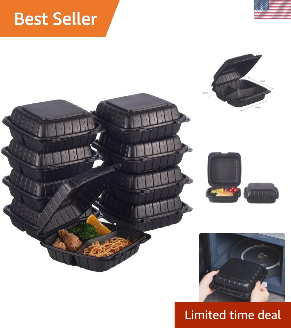 8X8″ 3-Compartment 50-Pack Plastic Clamshell Takeout Food Trays Heavy Duty To…