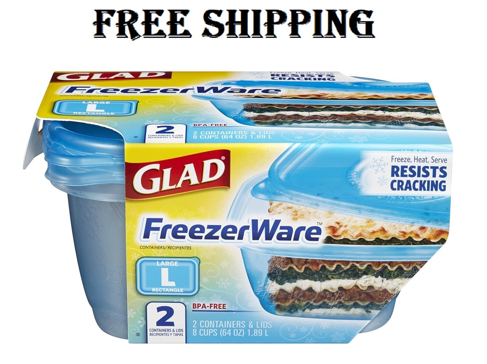 Gladware Freezerware Food Storage Containers, Large, 64 Ounces, 2 Count Set