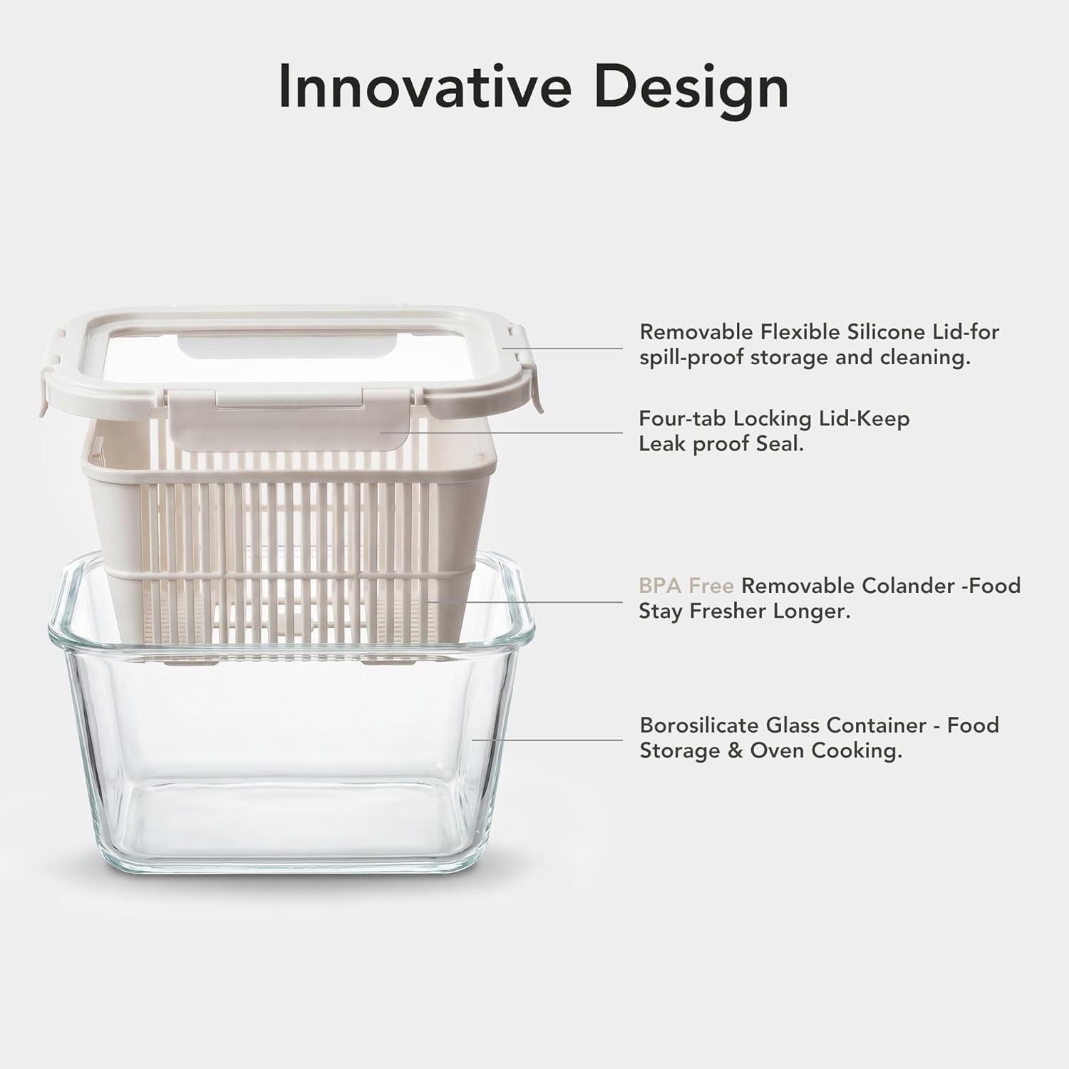 2-Pack Glass Produce Storage Containers Airtight w/ Colander BPA Free