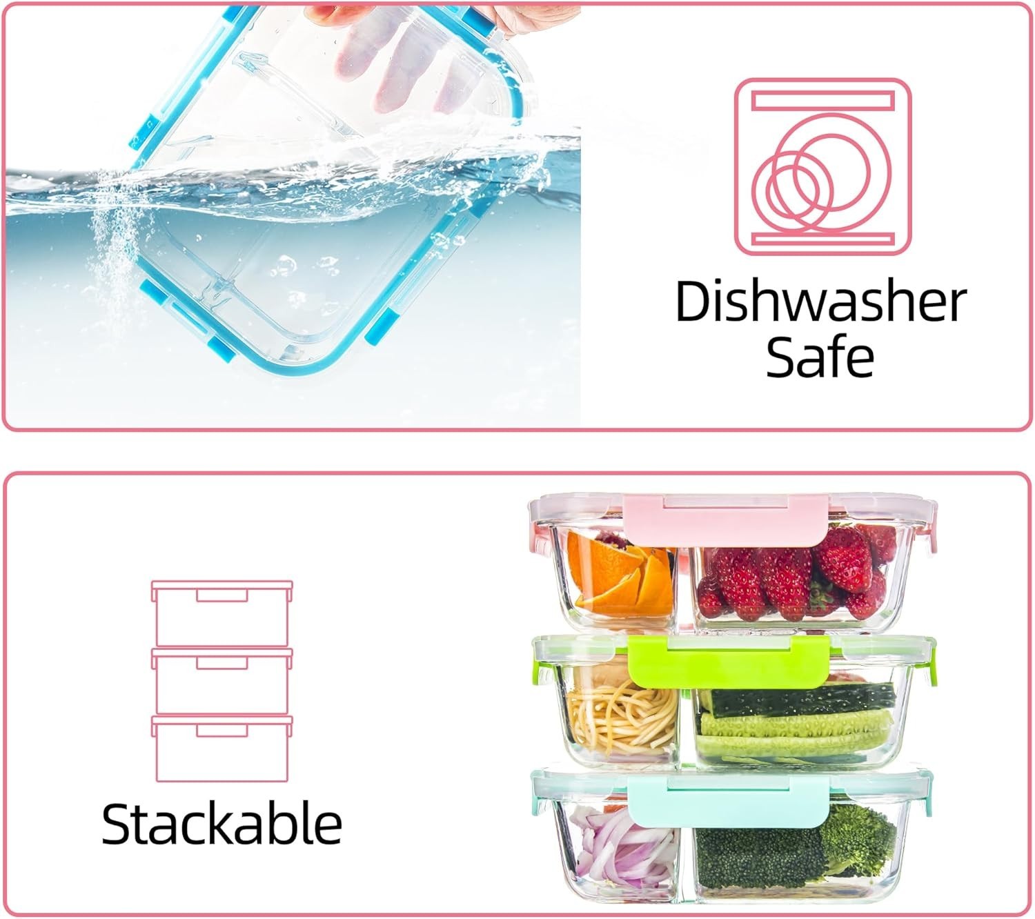 Glass Food Storage Containers 3 Compartment with Lids (5 Pack, 34oz), Divided Gl