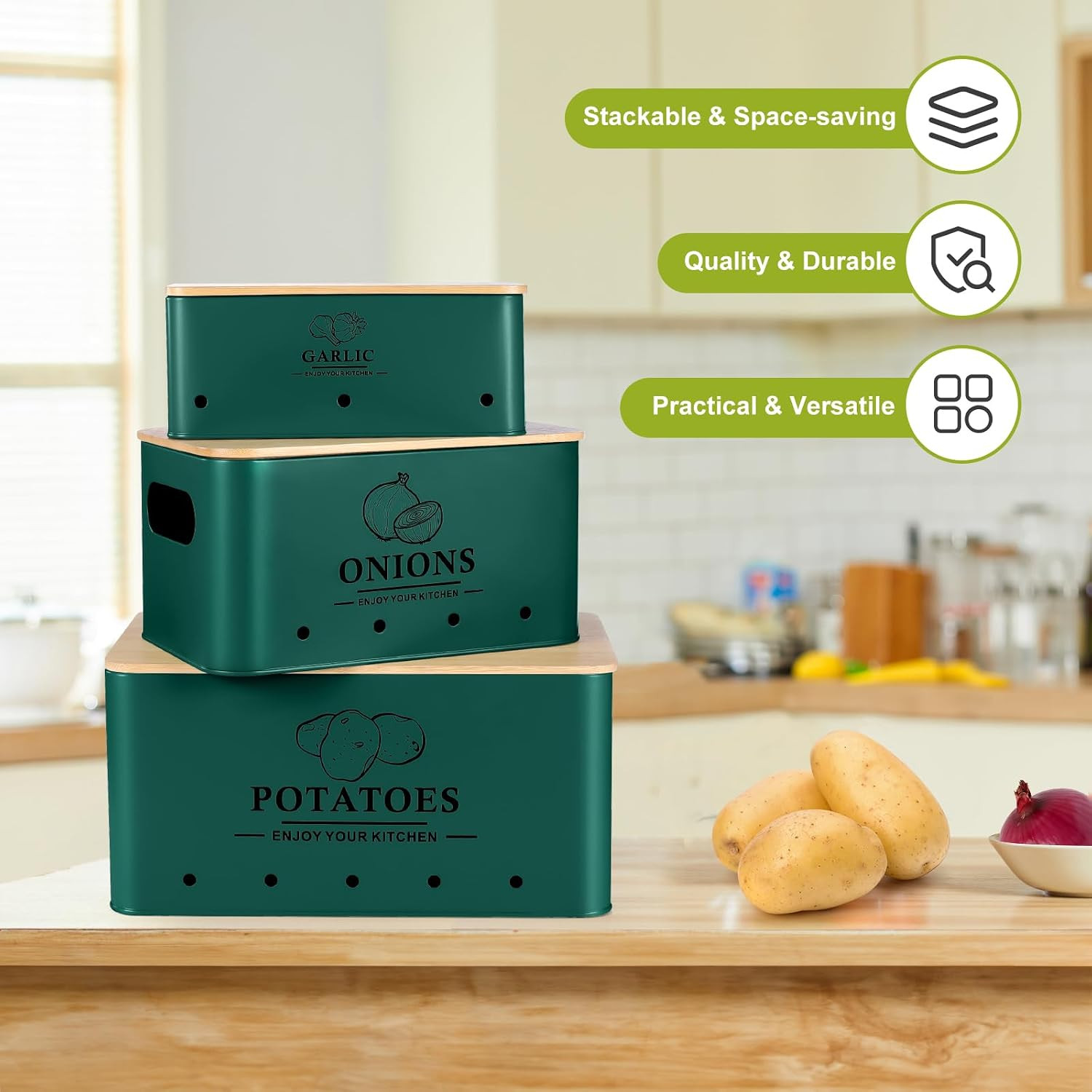 Kitchen Vegetable Storage Set of 3, Metal Onion Garlic Potato Storage Set, Kitch