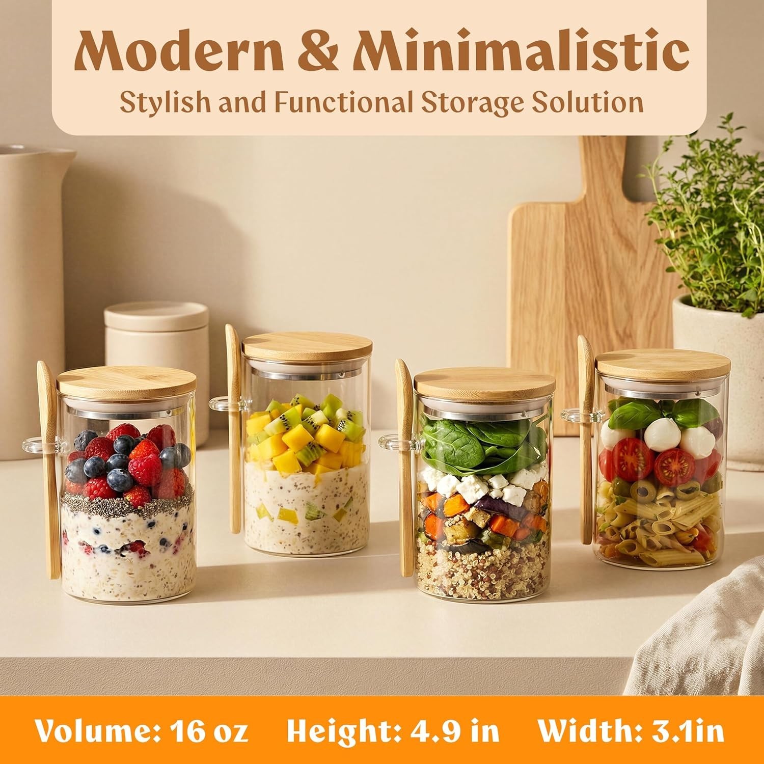 Overnight Oats Containers with Lids, Labels & Spoons 4 x 16oz Glass Jars for …