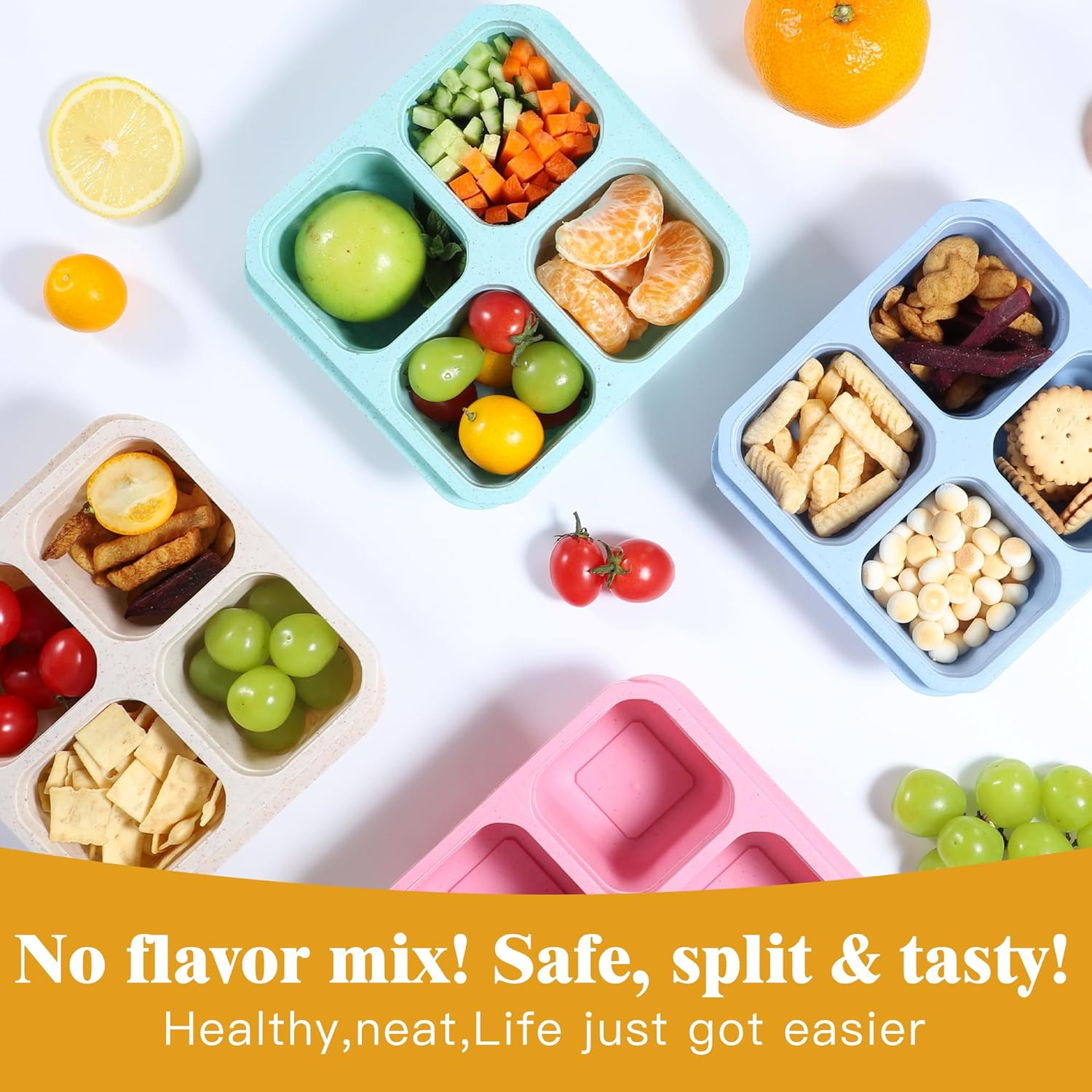 8 Pack Wheat Straw Snack Containers, 4-Compartment Reusable Bento Box with Lids