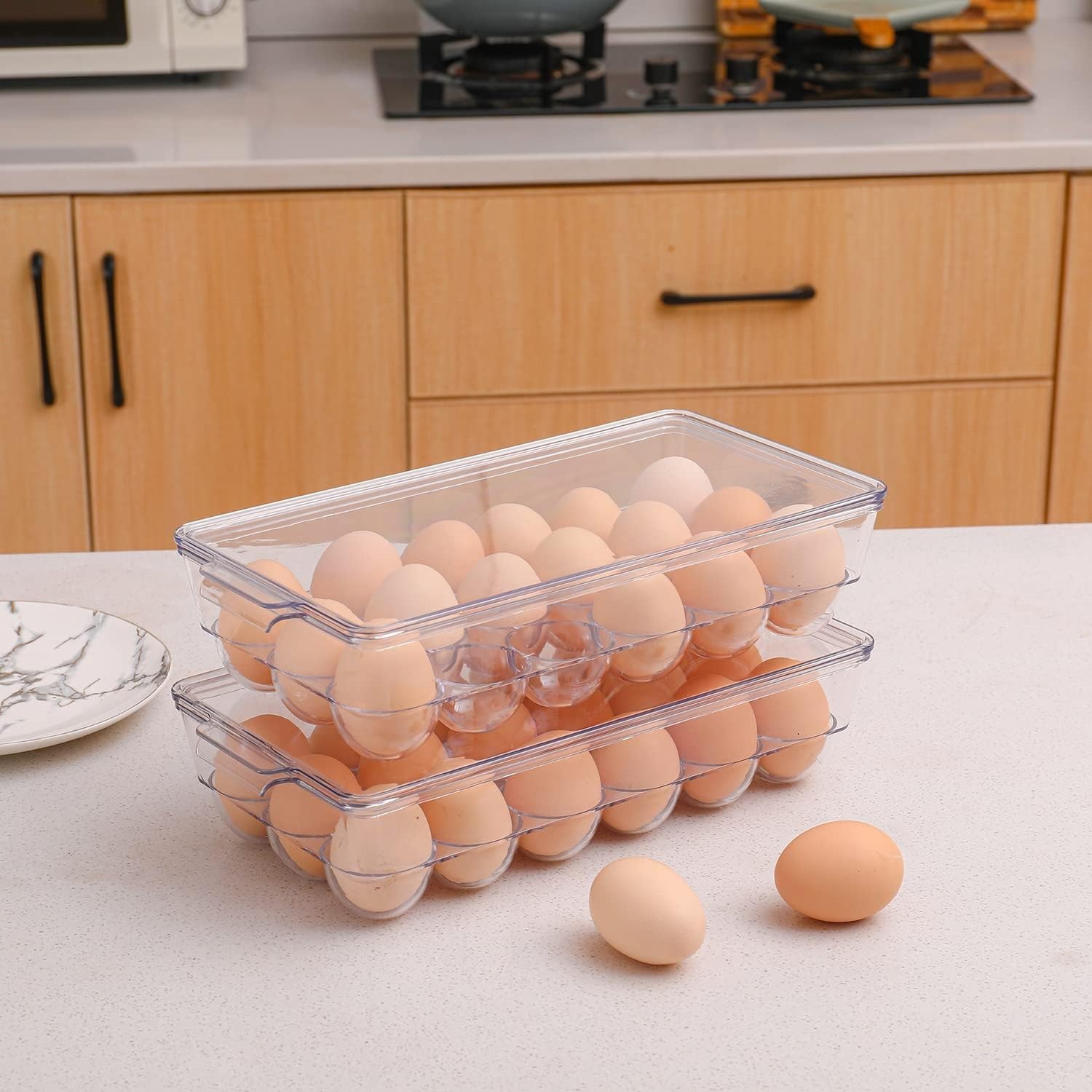 2 Pack Clear Plastic Egg Holders for Refrigerator, Stackable, Holds 18 Eggs