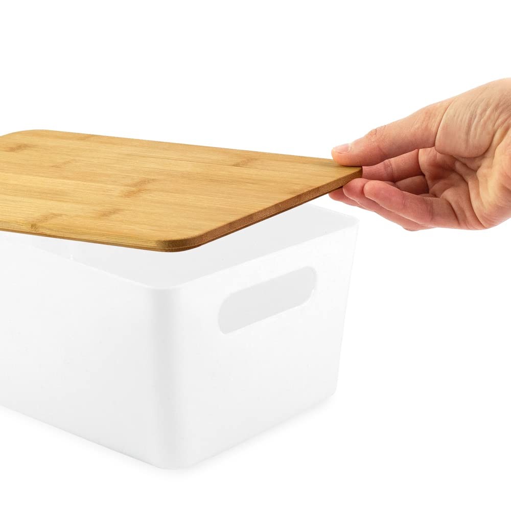 2-Pack Medium White Storage Bin Set w/Cut-Out Handles and Bamboo Lid, Plastic…
