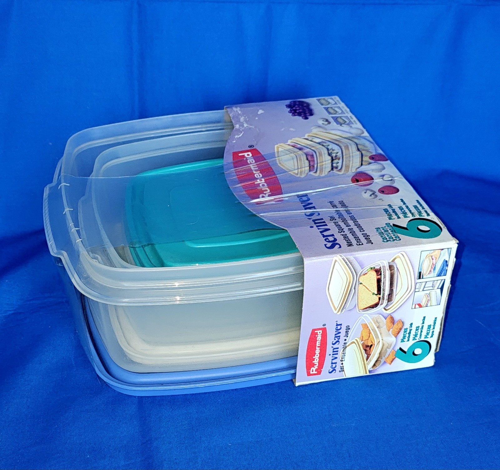 VTG Rubbermaid Servin Saver Nested Square Set NEW Blue Teal Almond 6pc Storage