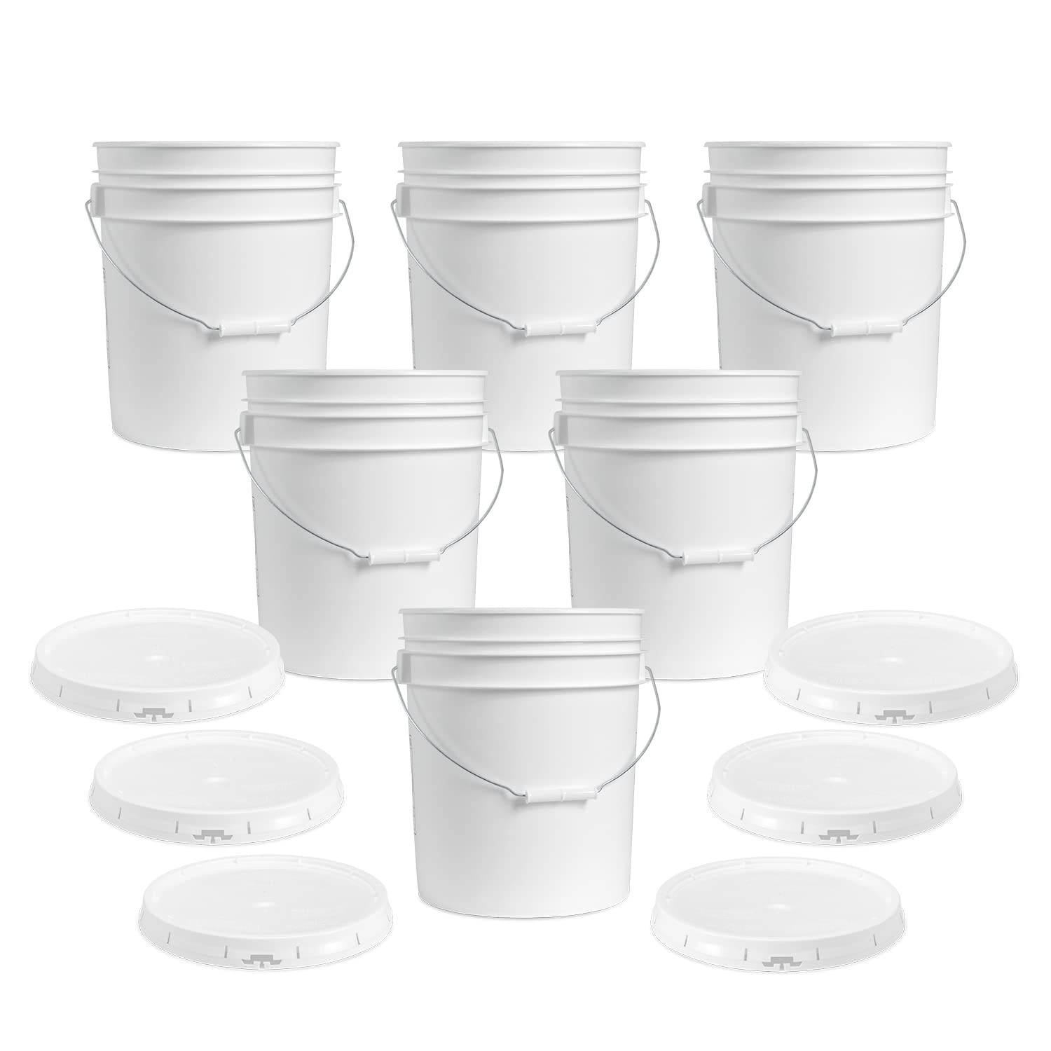 6-Pack 5 Gallon Food Grade White Plastic Bucket with Handle & Lid