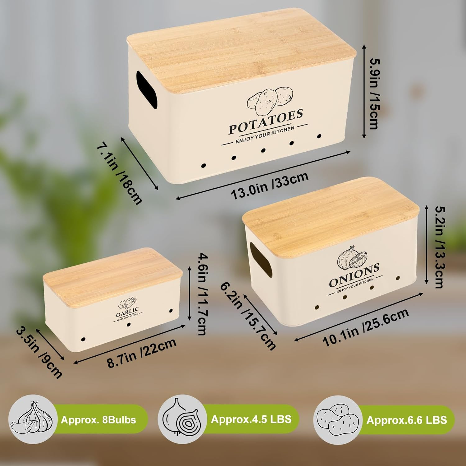 Kitchen Vegetable Storage Set of 3, Metal Onion Garlic Potato Storage Set, Kitch