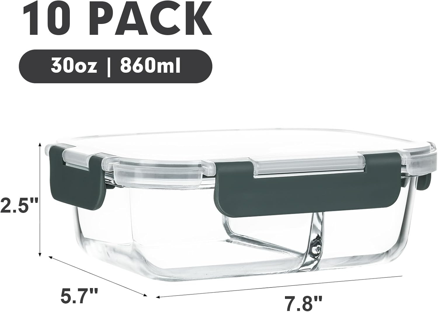 10-Pack,30 Oz Glass Meal Prep Containers 2 Compartments Airtight Lunch Bento Box