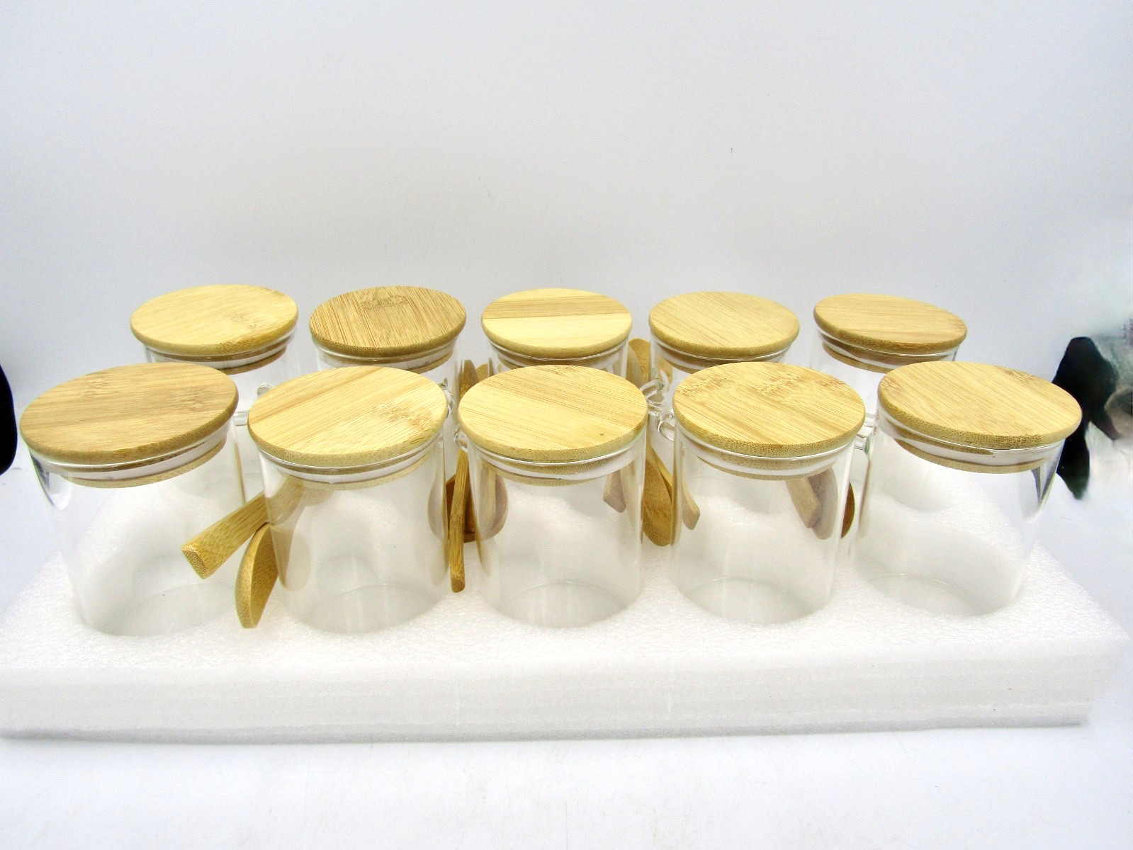 10 Pcs Glass Containers with Bamboo Lids and Spoons – 10 oz Containers – NEW