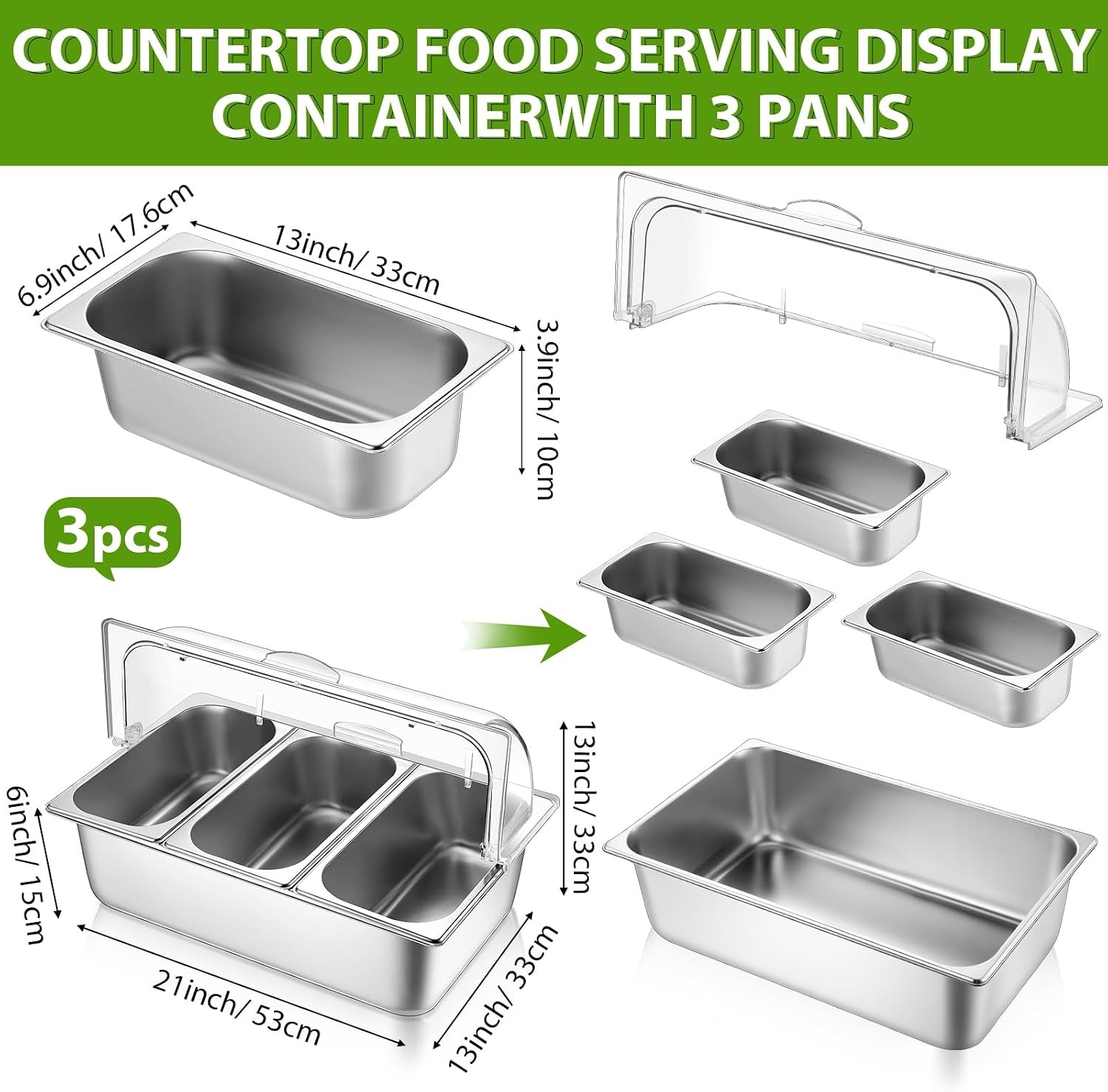 Buffet Food Display Container Ziliny 2 Pack Stainless Roll Top Cover