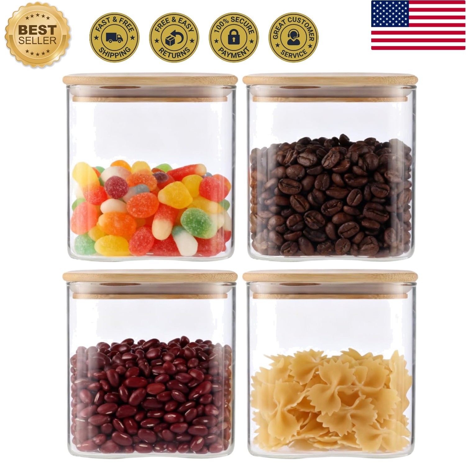 4-Pack Square Glass Containers with Bamboo Lids, 24 fl oz/720ml Airtight Cani…
