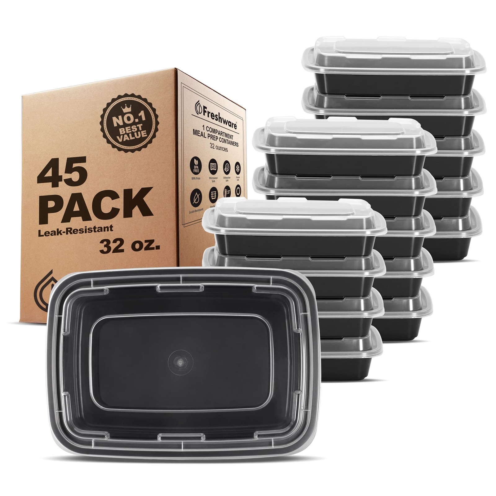 Freshware Meal Prep Containers [45 One Size, 1-Compartment, 45-Pack, 32 ounce