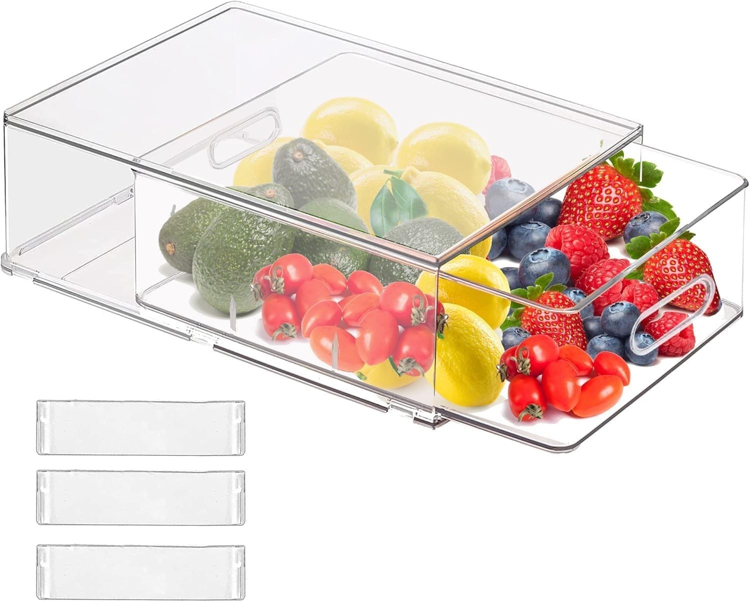 Stackable Clear Storage Drawer W/ 3 Dividers Pantry Shelf Fridge Organizer Fruit