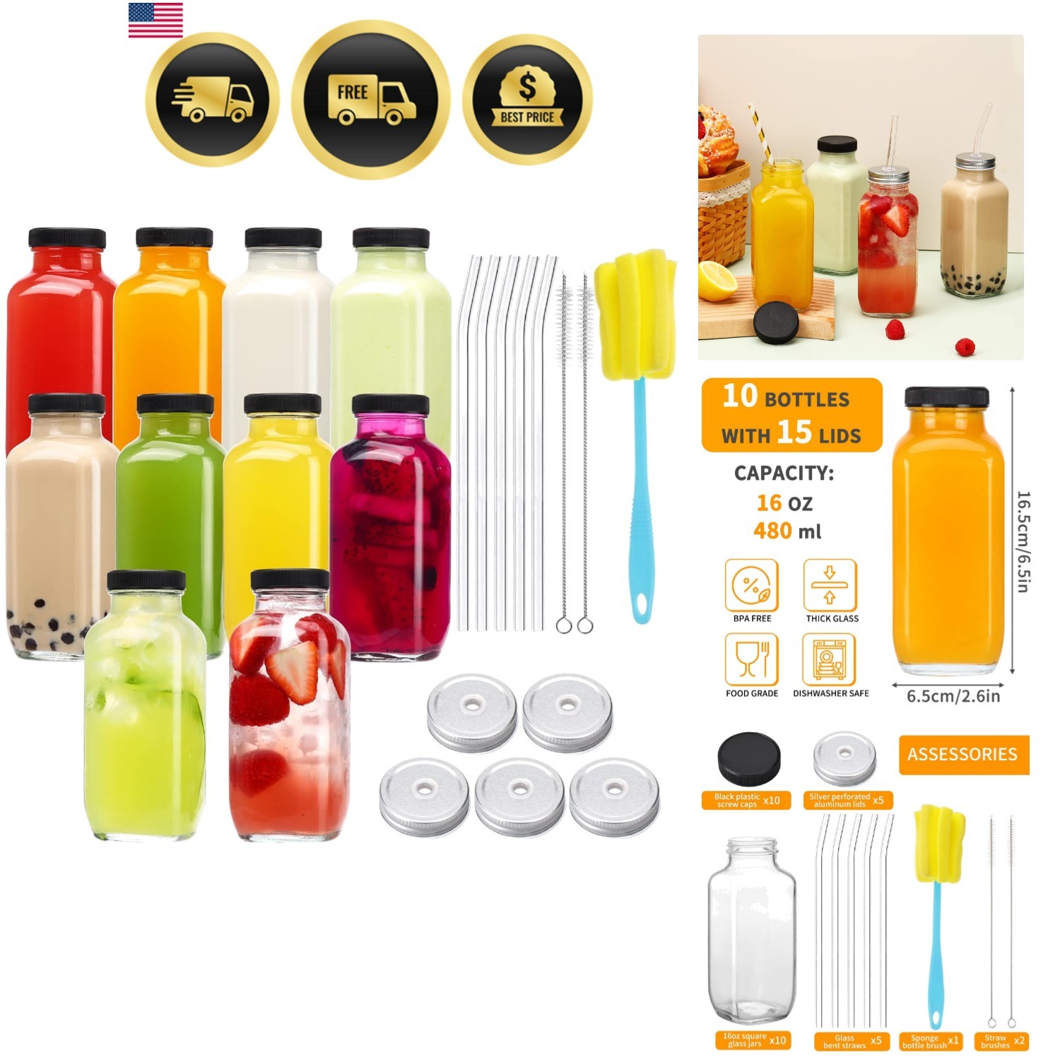 10pcs 16oz Glass Juice Bottles with Lids, Reusable Juice Containers Drinking …