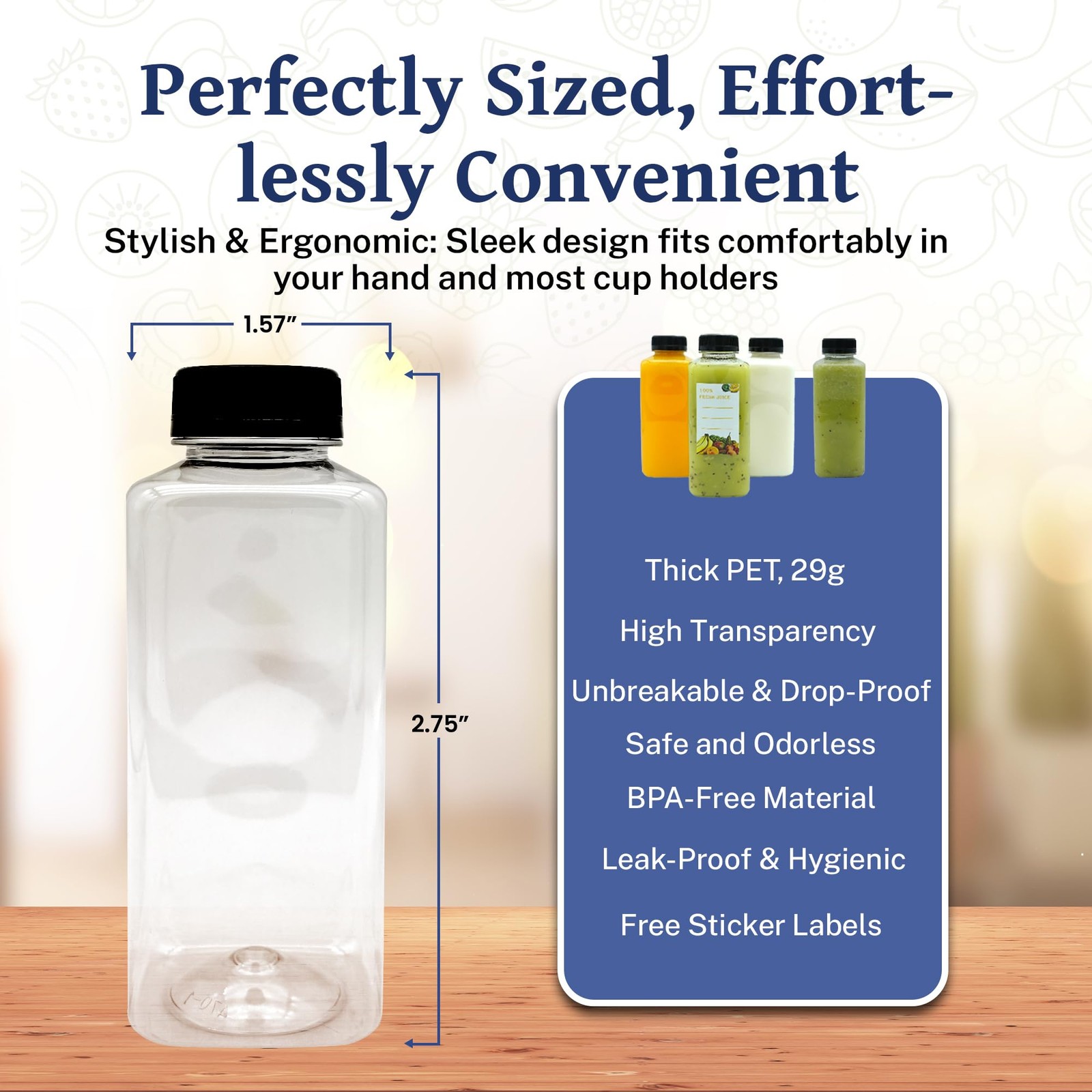 42 PCS 16 Oz Plastic Juice Bottles Tamper Evident Caps Black Empty Containers
