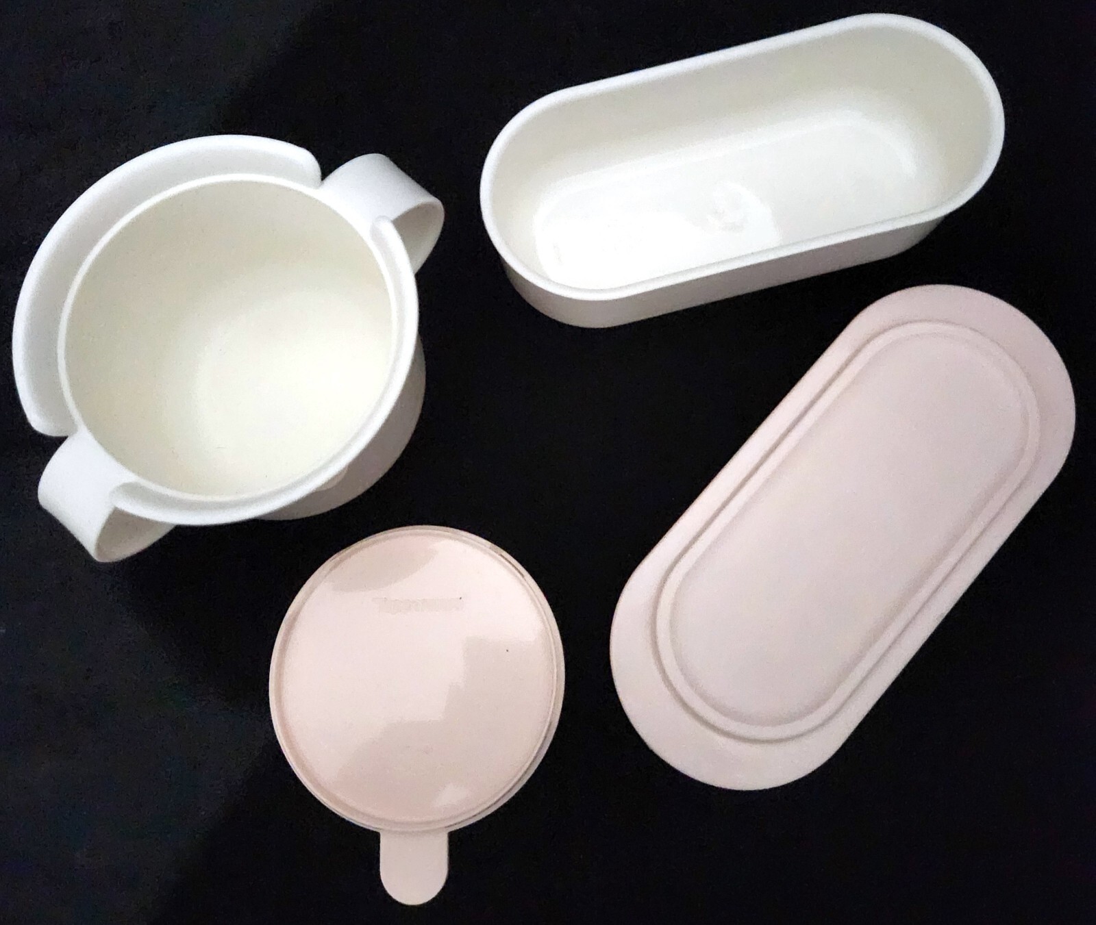 Tupperware TABLETOP BUTTER DISH 2320 & SUGAR BOWL w/Lid 2311 off white & pink