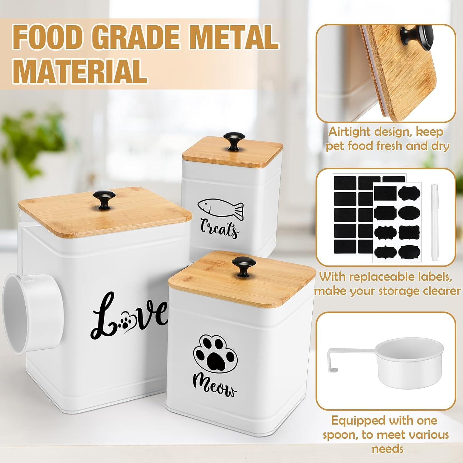 Metal Airtight Cat Food Containers Set of 3 with Bamboo Lids and Spoon 7+3+2 Lbs