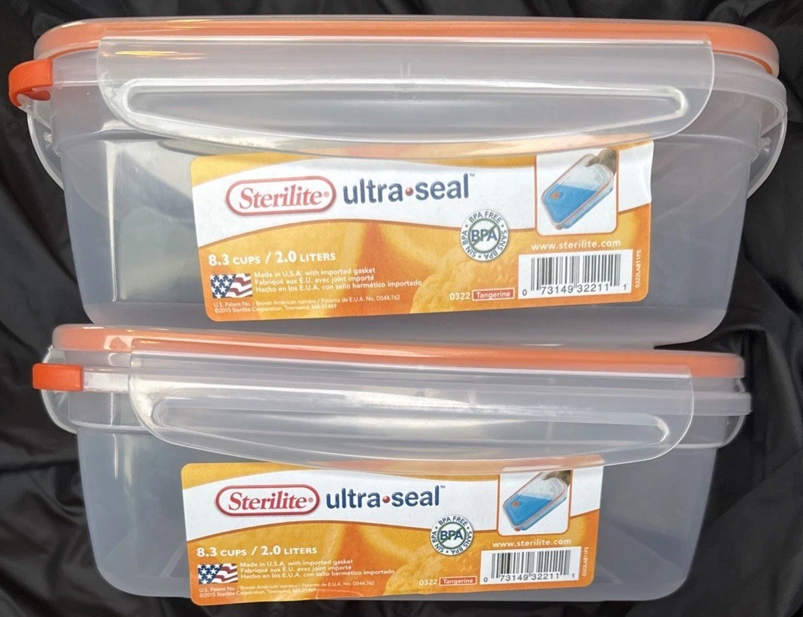 2 Sterilite Ultra-Seal Food Container BTAND NEW Clear/Tangerine 8.3 Cups, 2 Lids