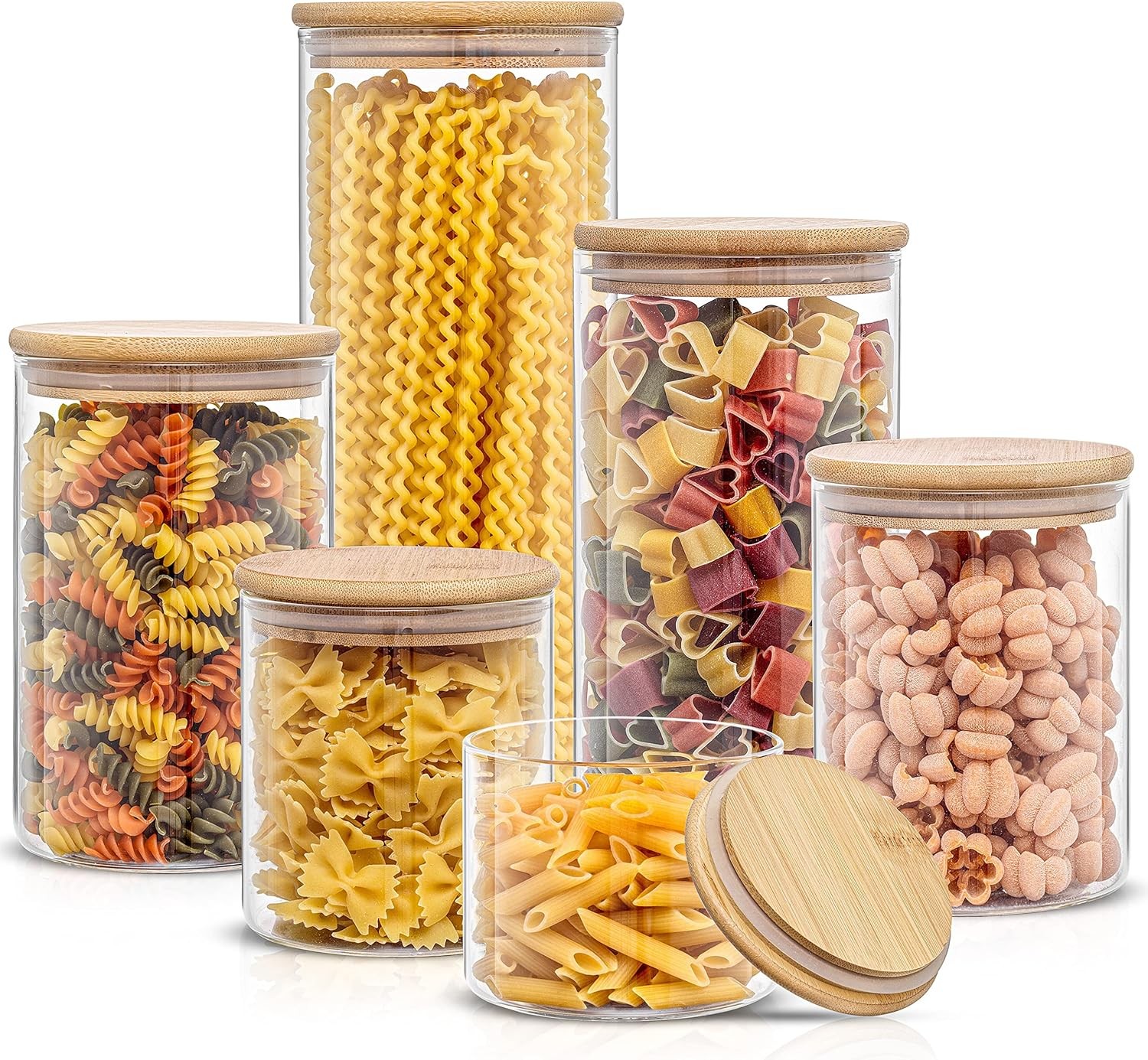 Borosilicate Glass Jars With Bamboo Lids. 6 Pc Set of Air Tight Sealable