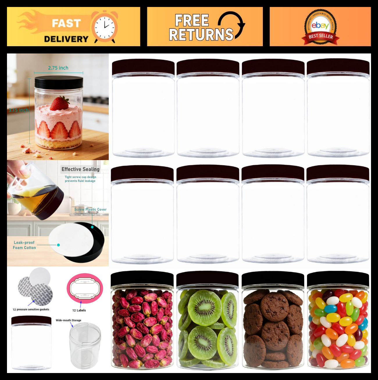 12 Pack 8 oz Clear Plastic Storage Jars with Black Lids for Body Butter, Bath Sa