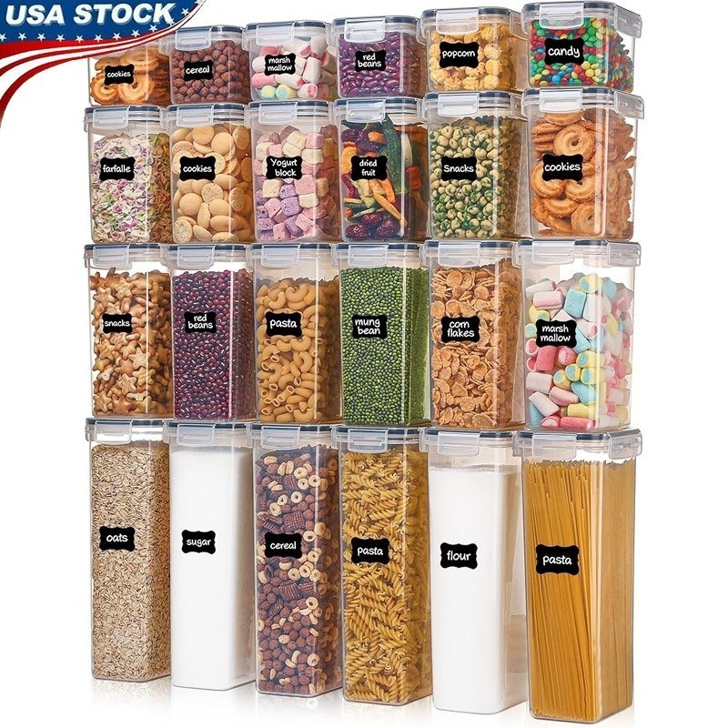 Airtight Kitchen Storage Containers Set W/ Labels BPA Free Plastic Organization
