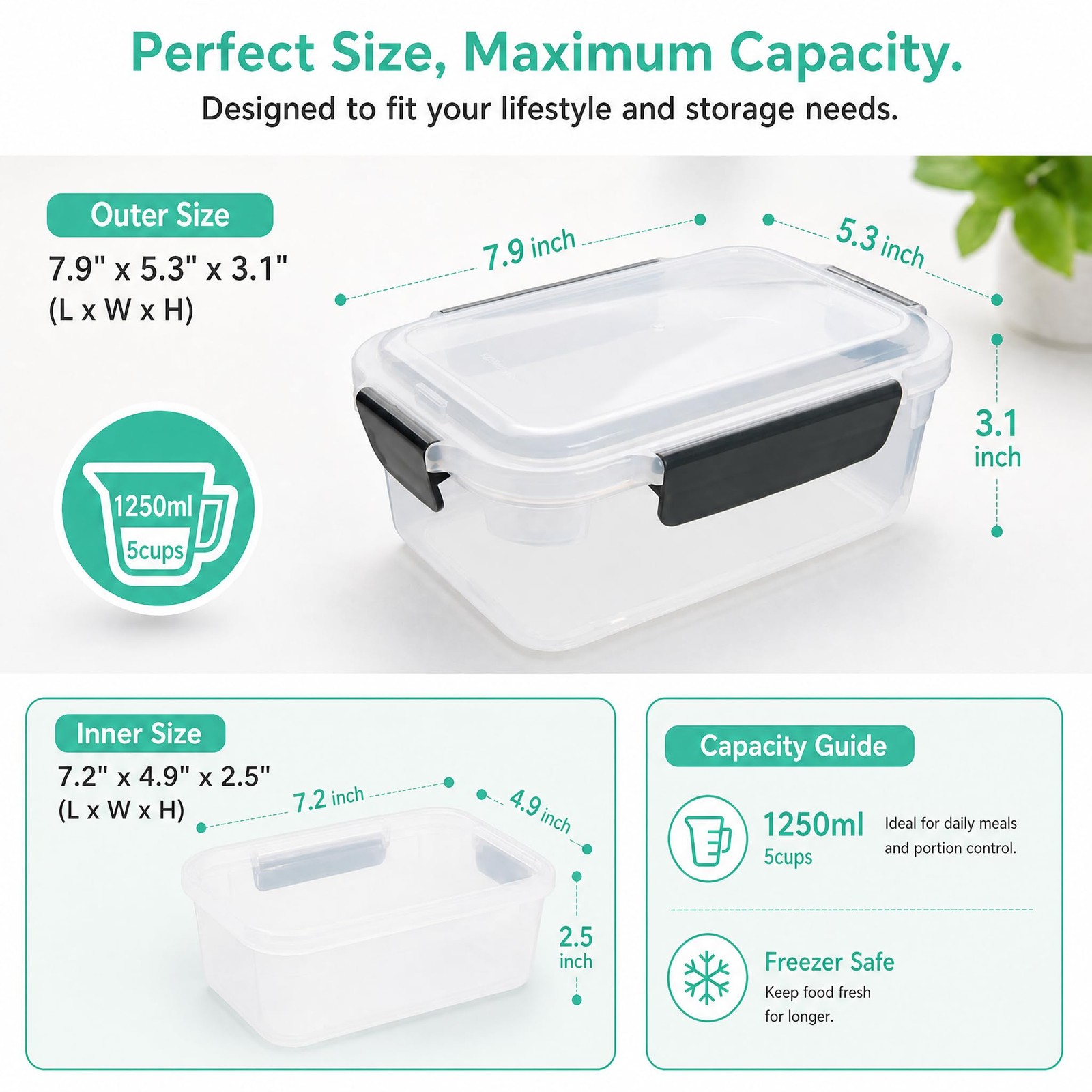 YORY 5 cup Plastic Food Storage Containers with Lids 5 cups, transparent