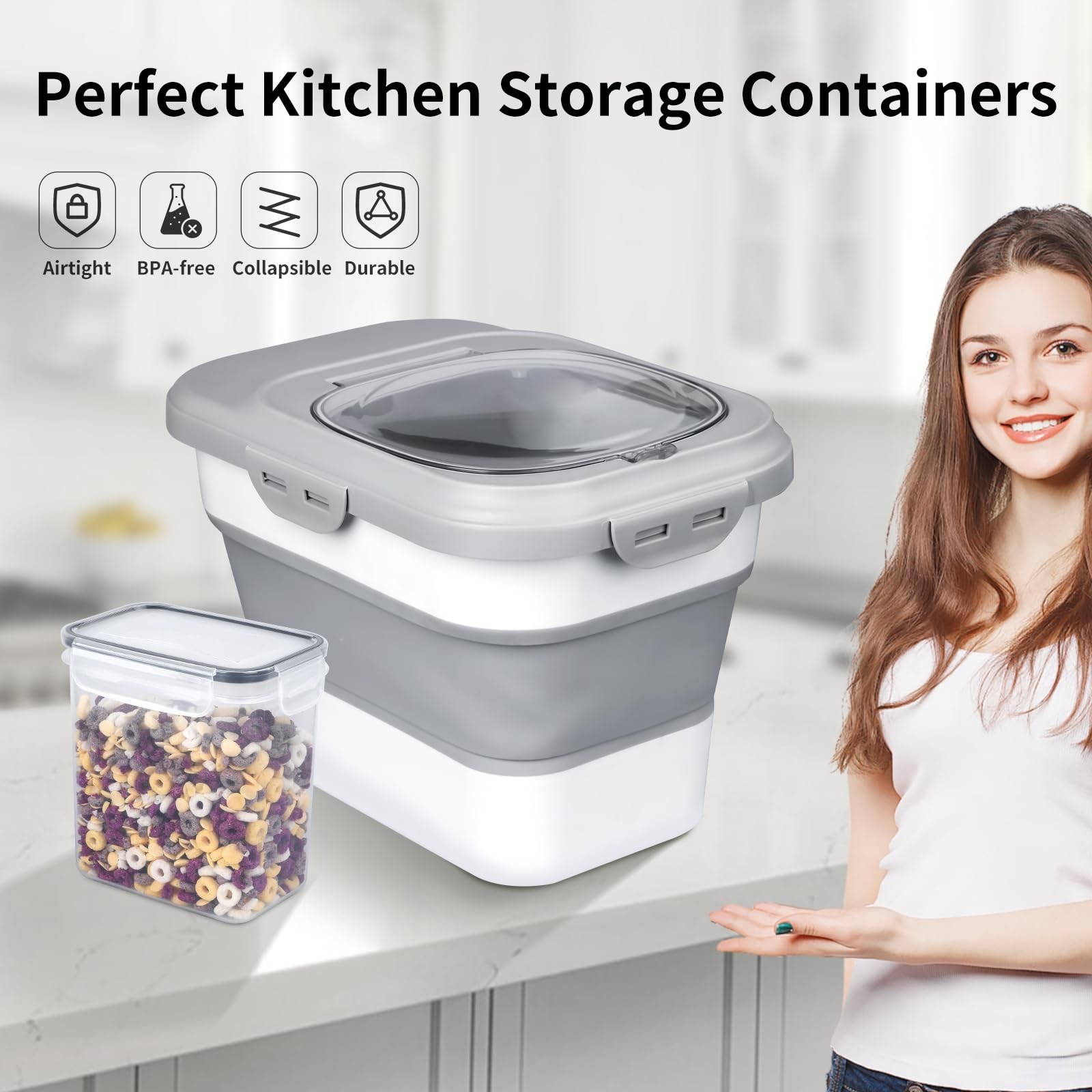 Komzon Rice Storage Container, Collapsible Airtight Food Gray