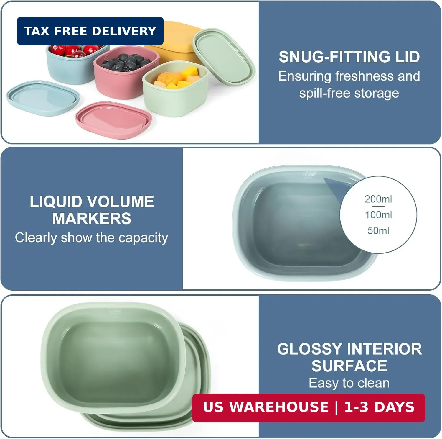 Silicone Snack Containers Set of 4 Kids 7oz Stackable Lunch Leakproof BPA Free