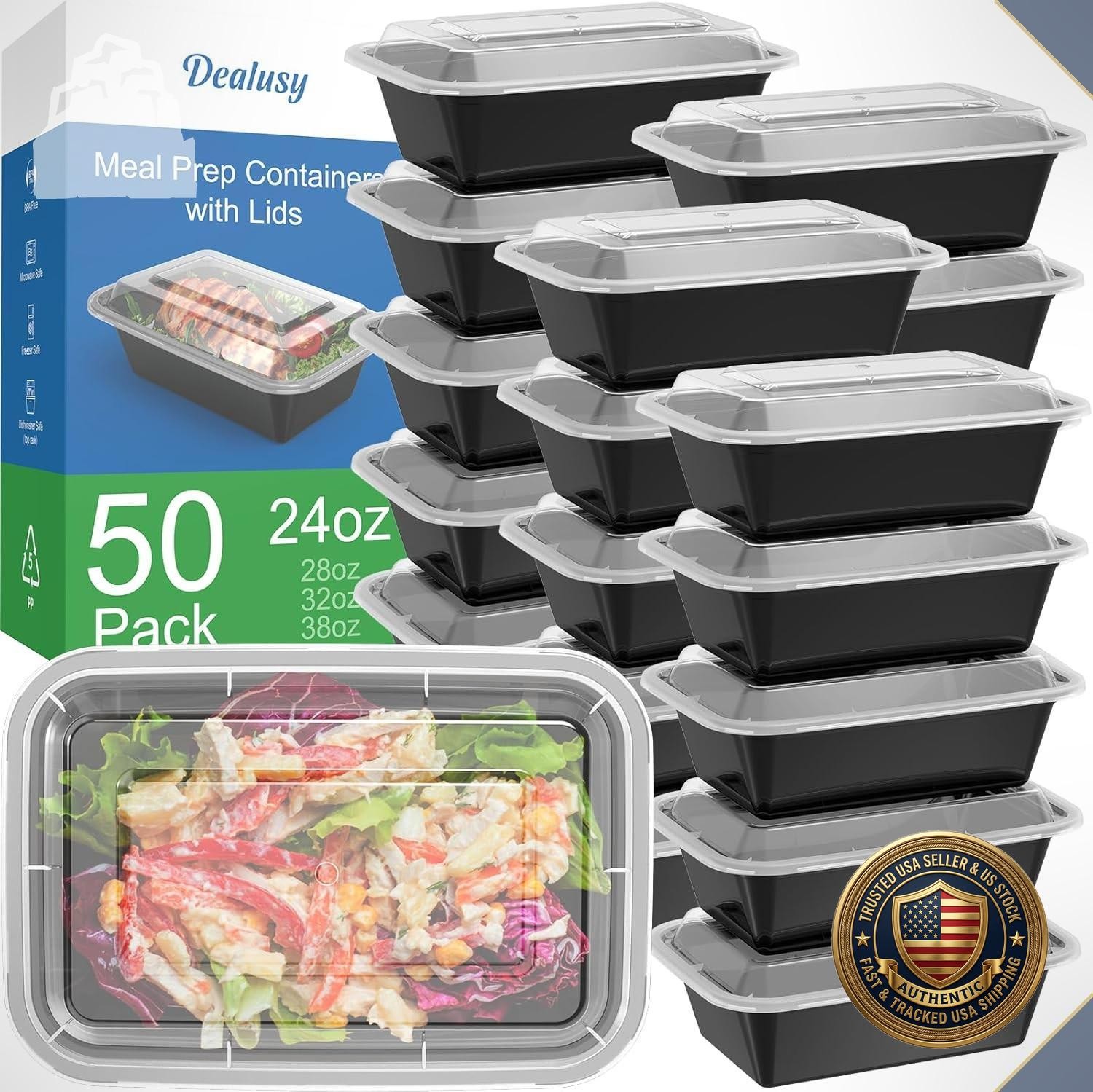 Meal Prep Containers 50 Pack 100-Piece 24 oz Reusable Leakproof Lids