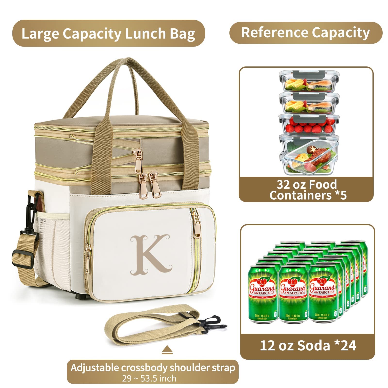 LOKASS 16L Initial Insulated Lunch Bag for Women Work Leakproof Cooler Tote