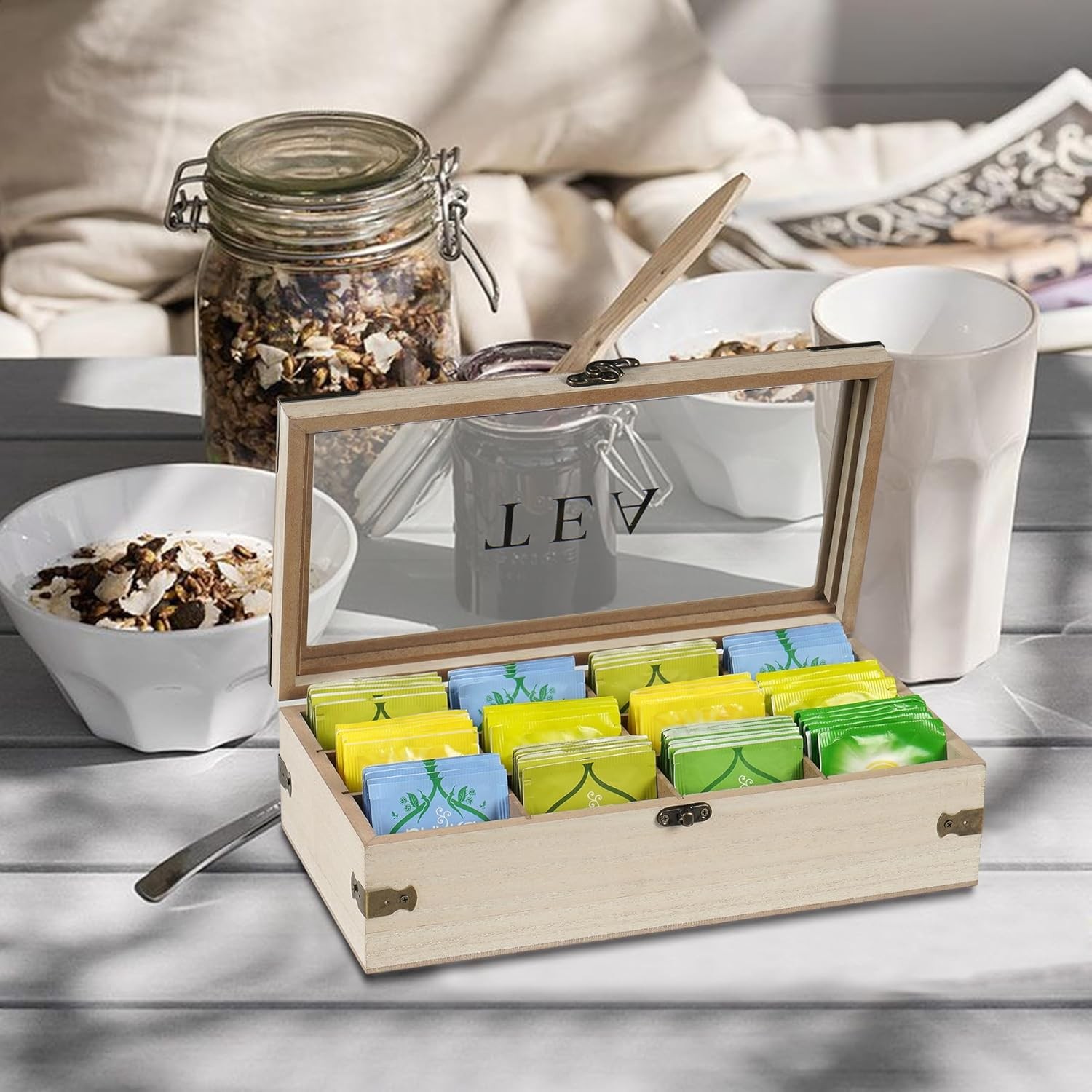 handrong Tea Box,Wood Organizer and Storage,12 Compartments Large, Smoky