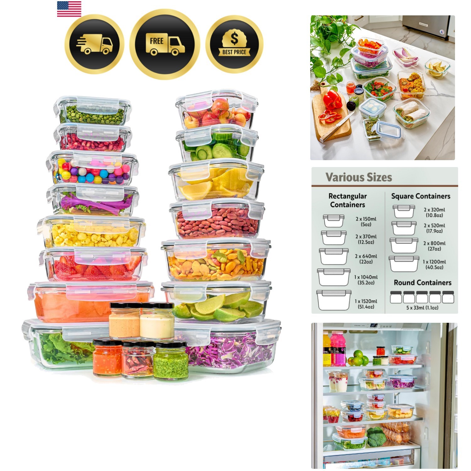 40pc Set Glass Food Storage Containers & Bowls with Airtight Lids – Leakproof…